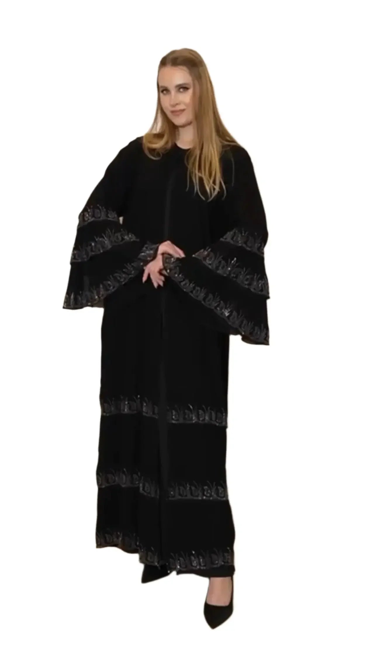 Palestinian Elegance black abaya with strass embellishments on sleeves and hem worn by model