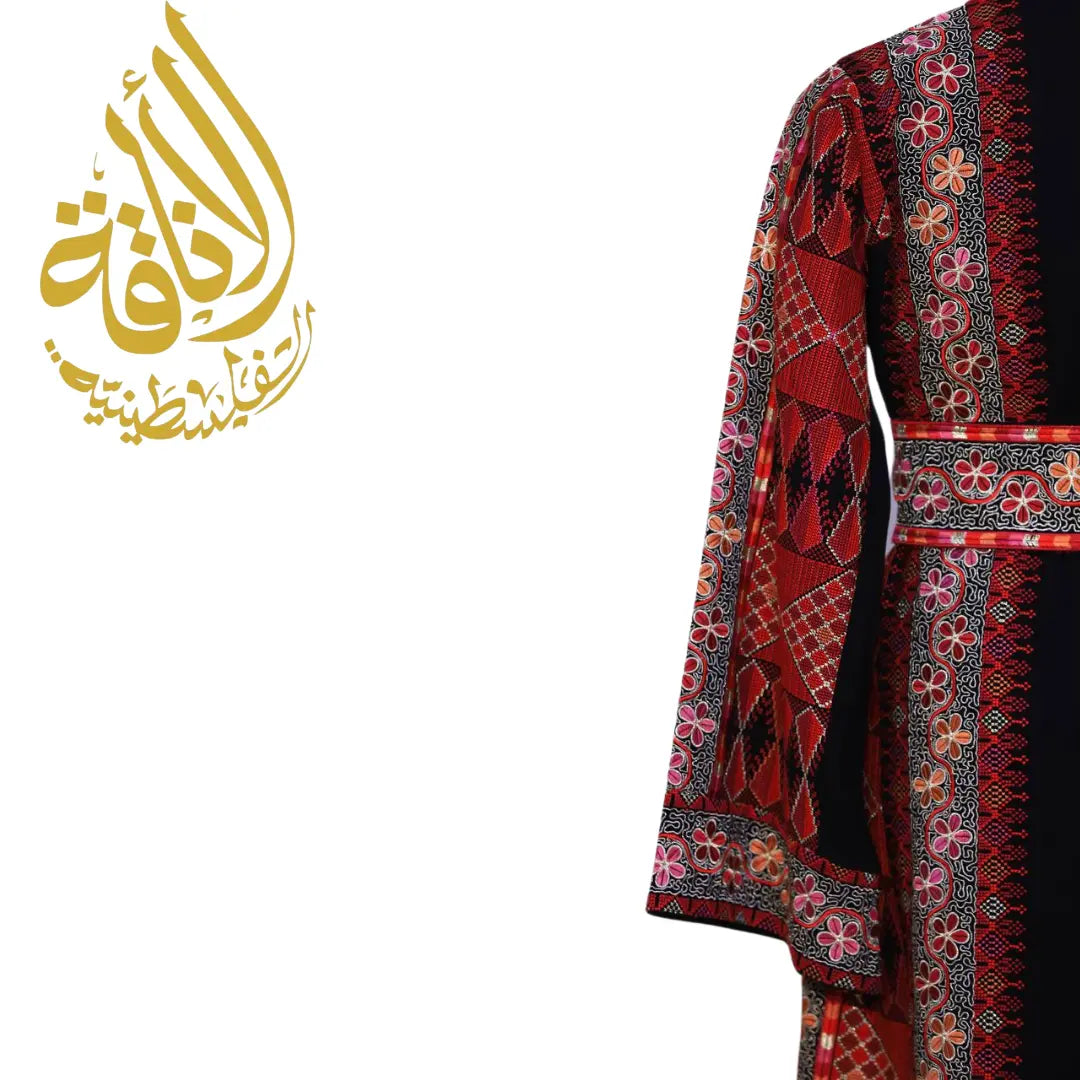 Traditional Palestinian embroidered thobe dress sleeve with intricate red and black embroidery patterns