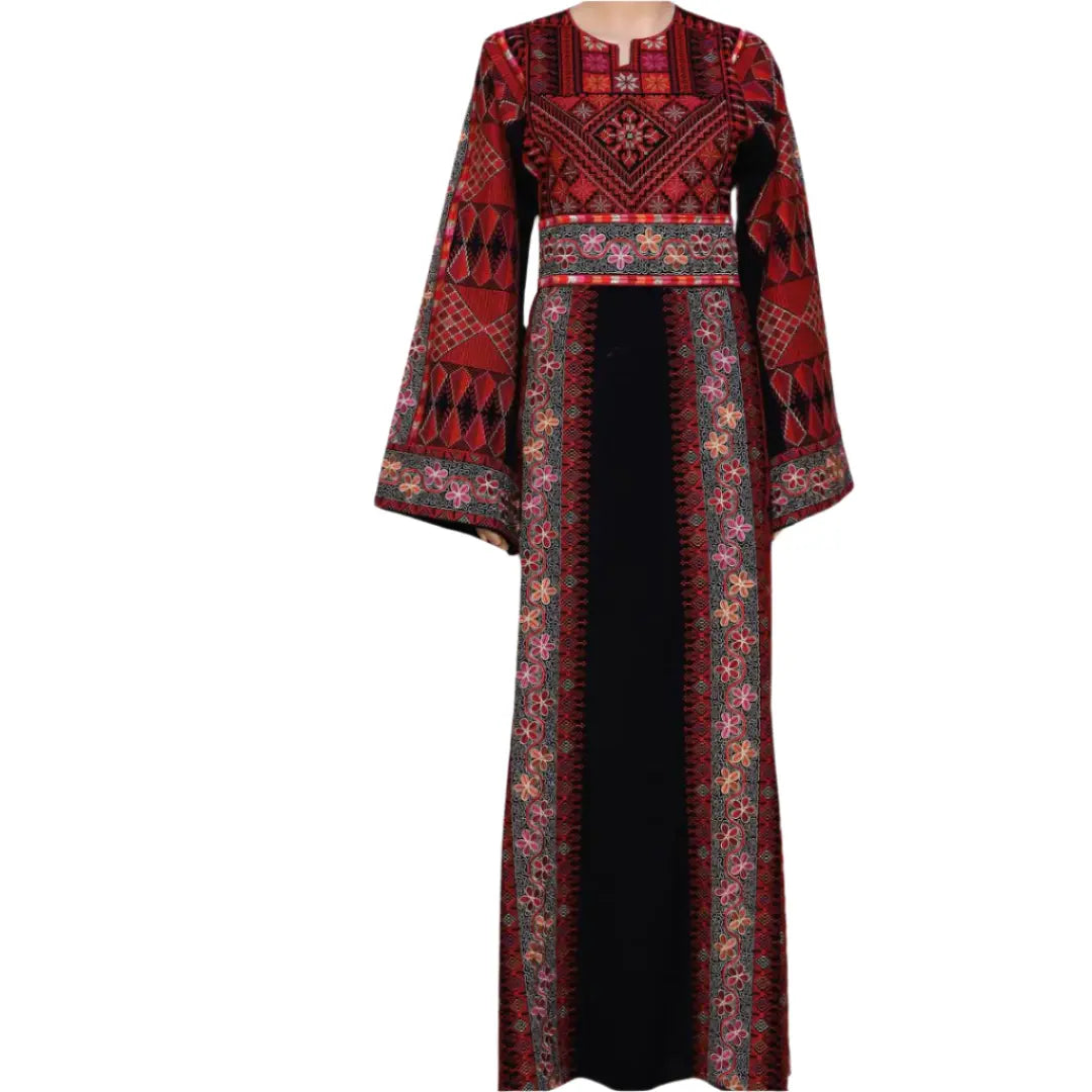 Palestinian embroidered thobe dress by Palestinian Elegance with intricate red and black traditional embroidery