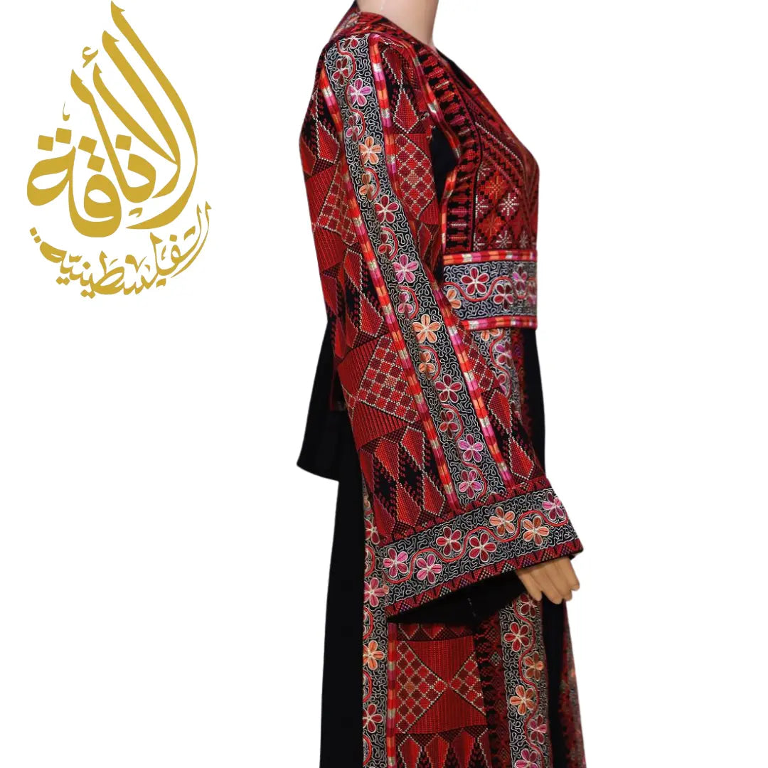 Palestinian embroidered thobe dress with vibrant red and black traditional geometric embroidery by Palestinian Elegance