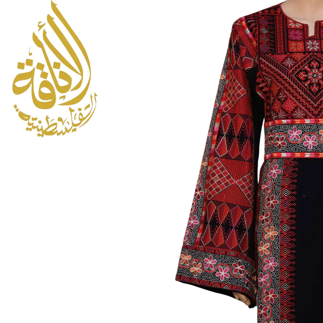 Palestinian embroidered thobe dress with intricate red and black traditional embroidery by Palestinian Elegance