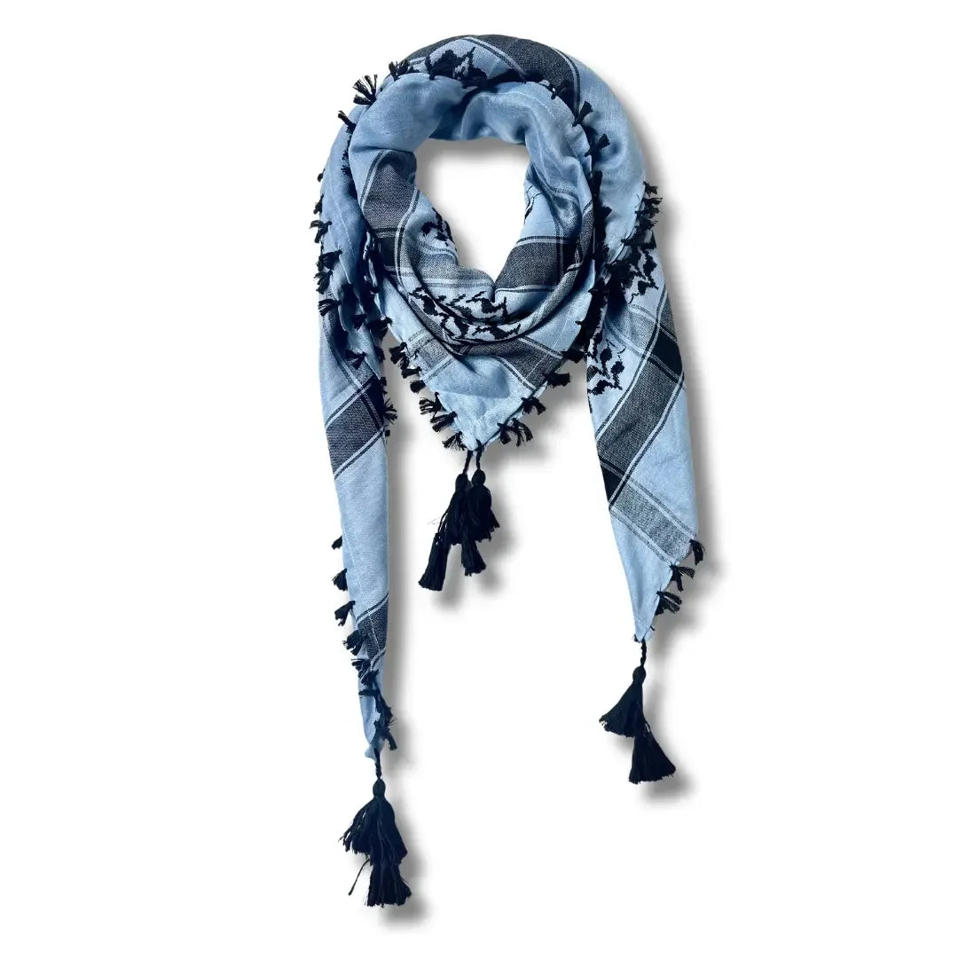 Aqua Blue Palestinian Kuffiyeh scarf with black tassels and traditional pattern by Palestinian Elegance