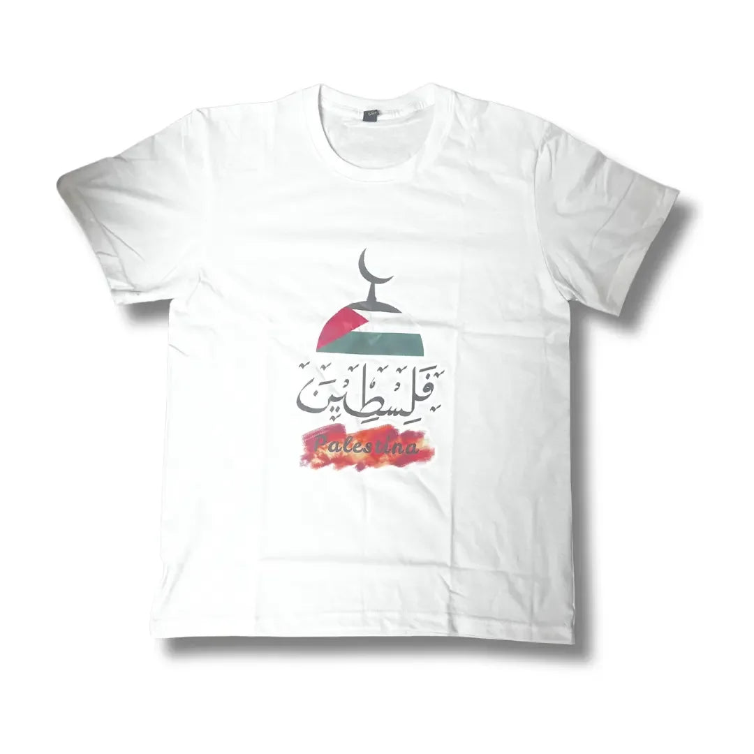 White shirt by Palestinian Elegance featuring Arabic graphic t-shirt Palestine design with flag and calligraphy