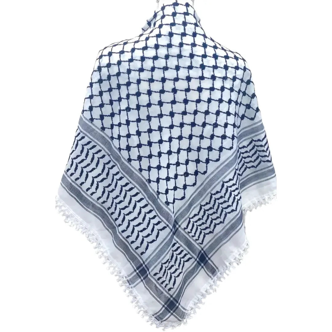 Authentic Palestinian kuffiyeh scarf with traditional black and white woven pattern and fringed edges