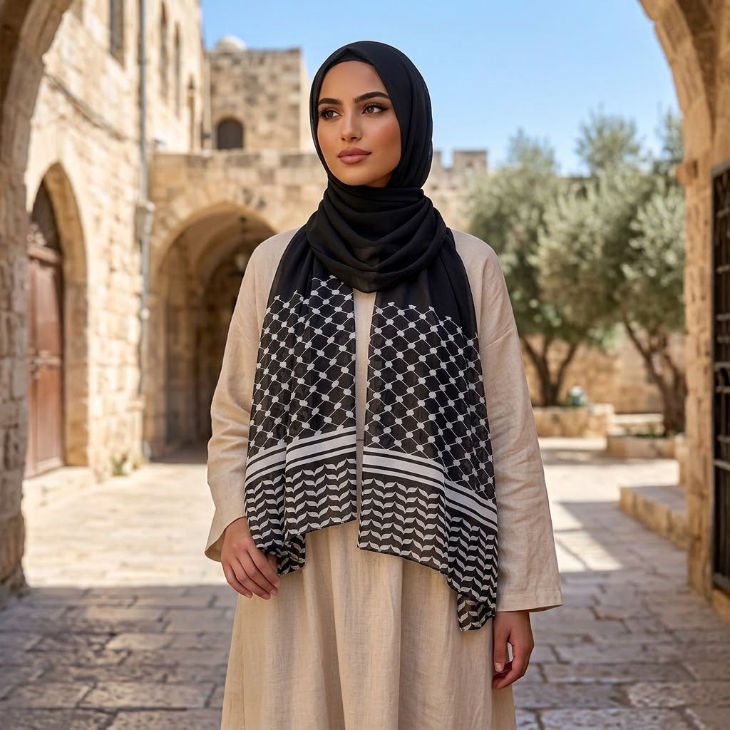 حجاب شيفون مطبوع من تصميم فلسطيني أنيق
