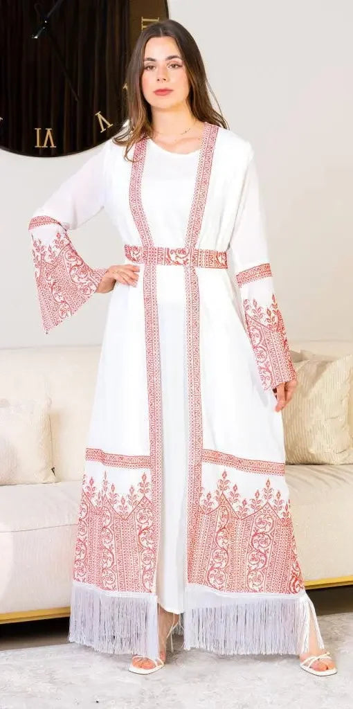 Back view of flowing georgette abaya featuring intricate tatreez, perfect for cultural elegance and modest fashion