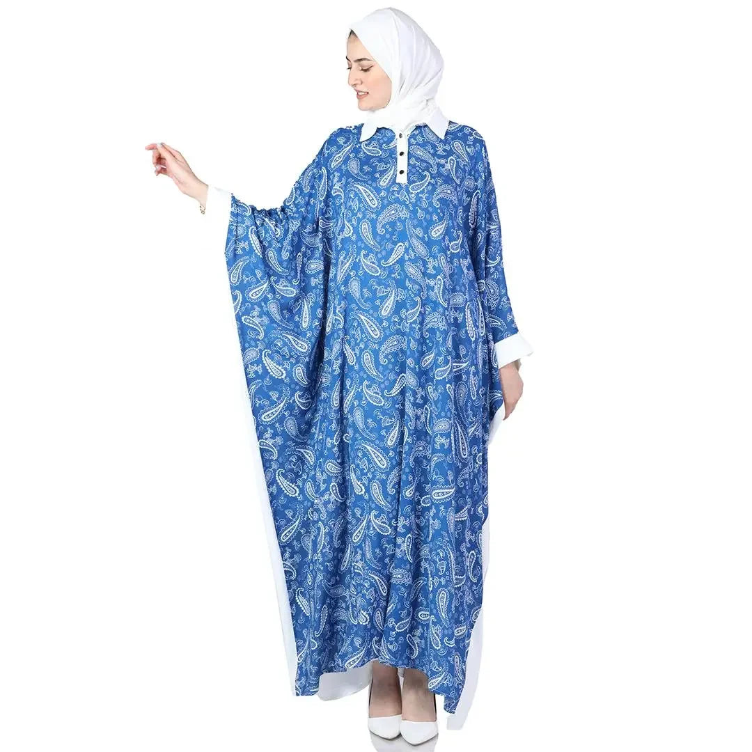 Palestinian Elegance blue bandana abaya dress with white collar and cuffs casual modest wear