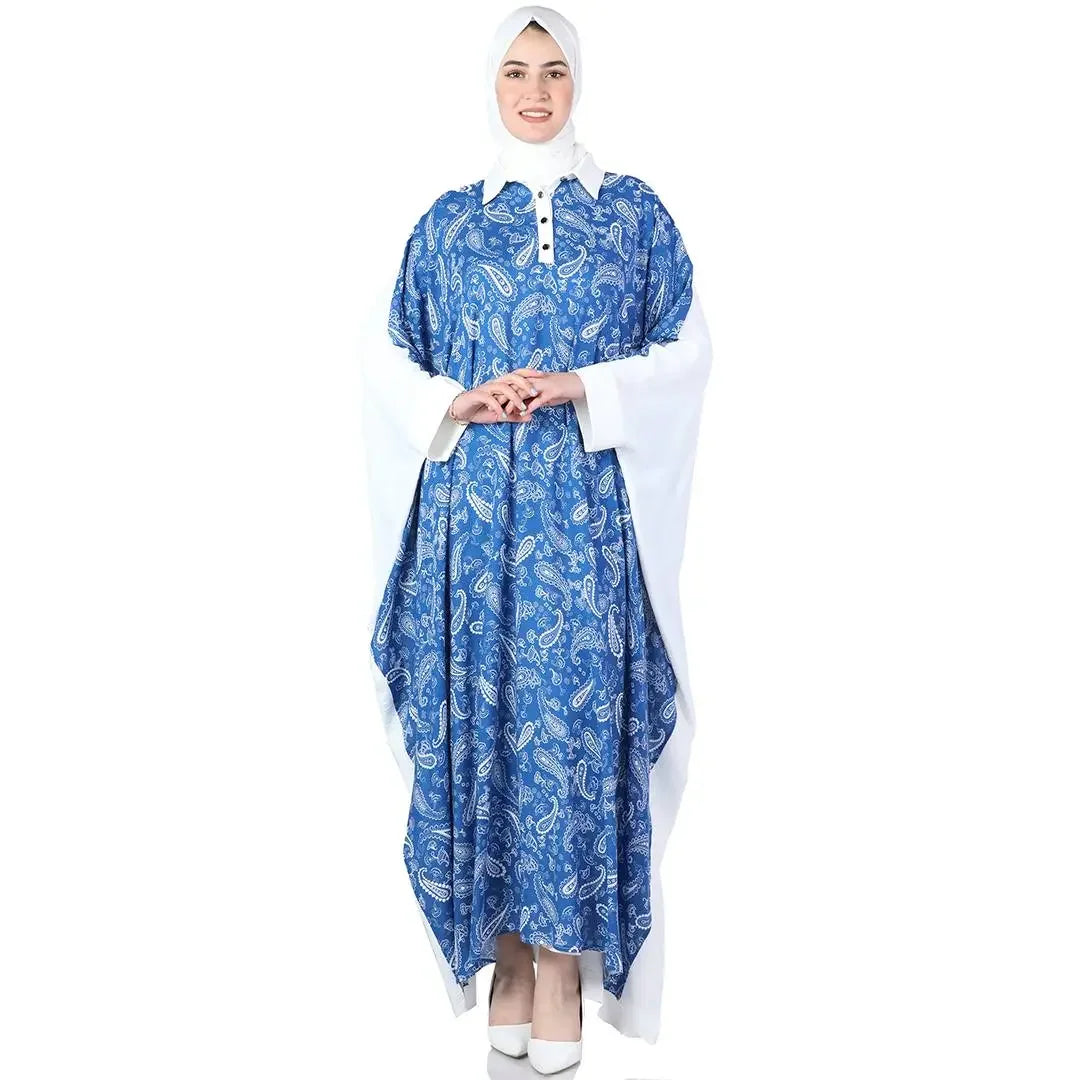 Palestinian Elegance blue bandana abaya dress with white collar and flowing sleeves