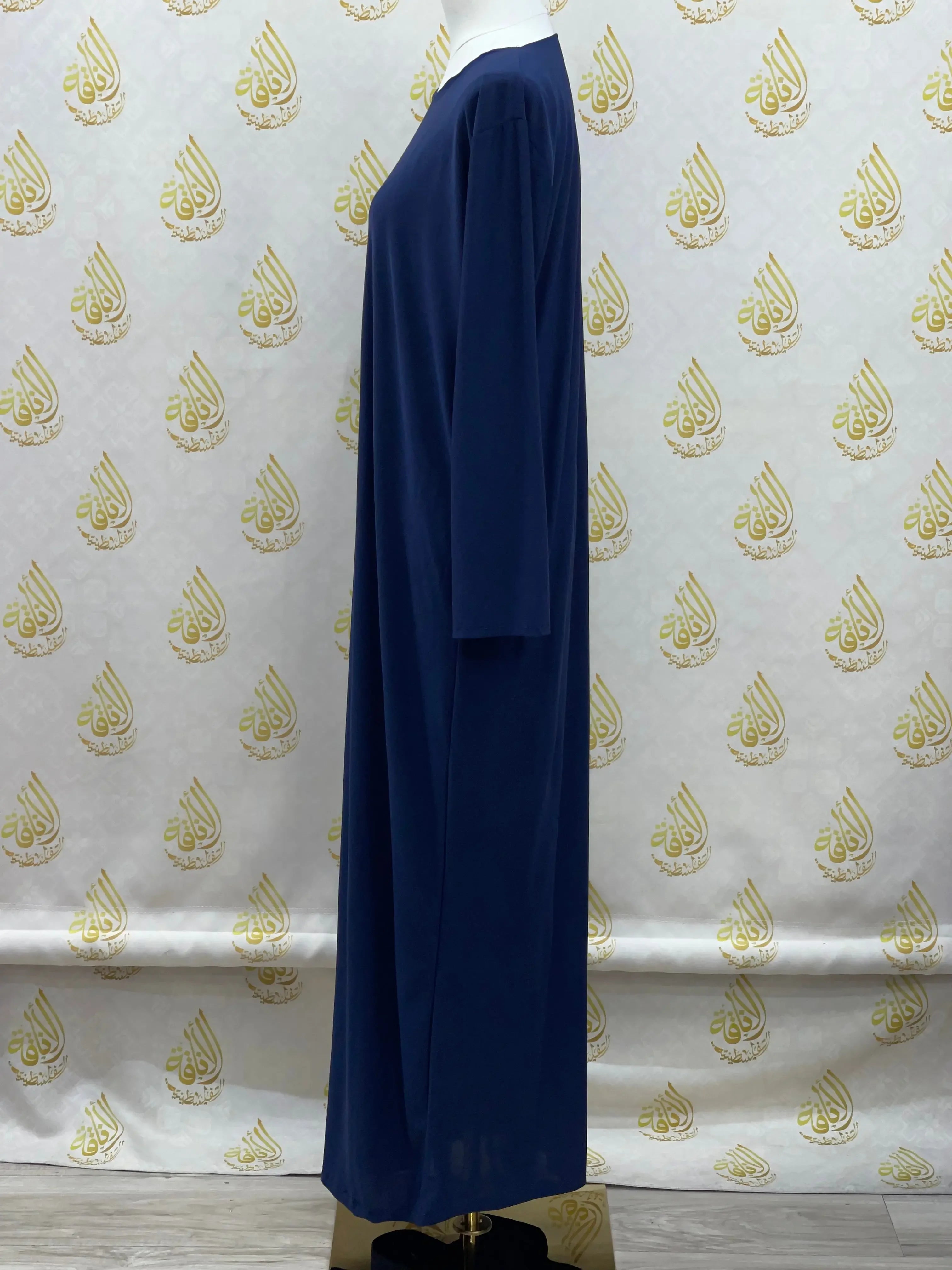 Palestinian Elegance navy blue basic solid dress with long sleeves and modest design