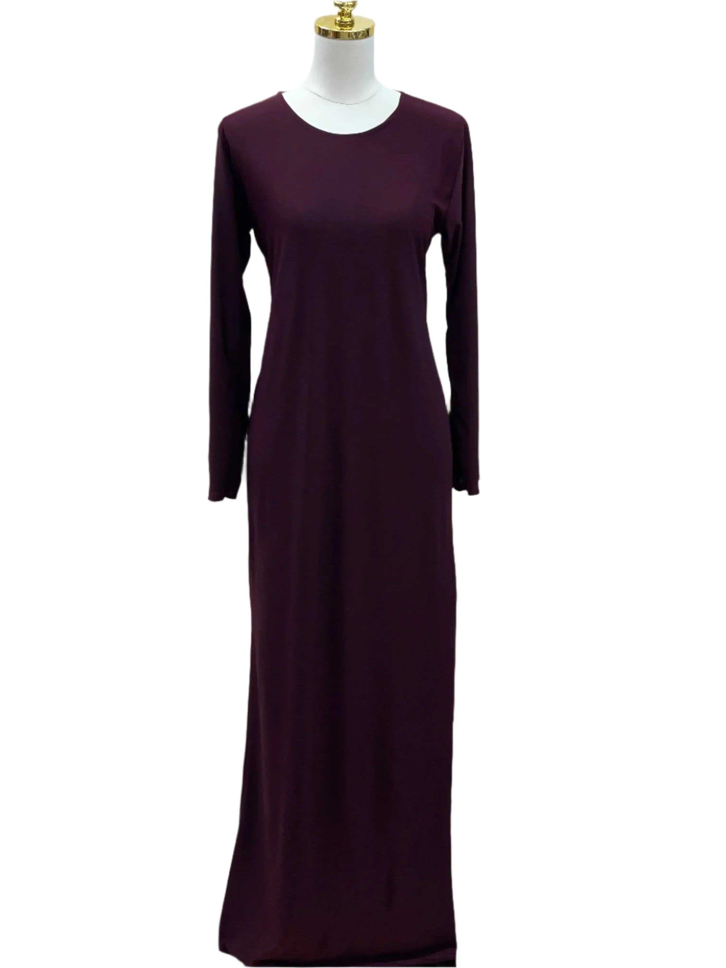 Palestinian Elegance basic solid dress in deep purple with long sleeves and a round neckline