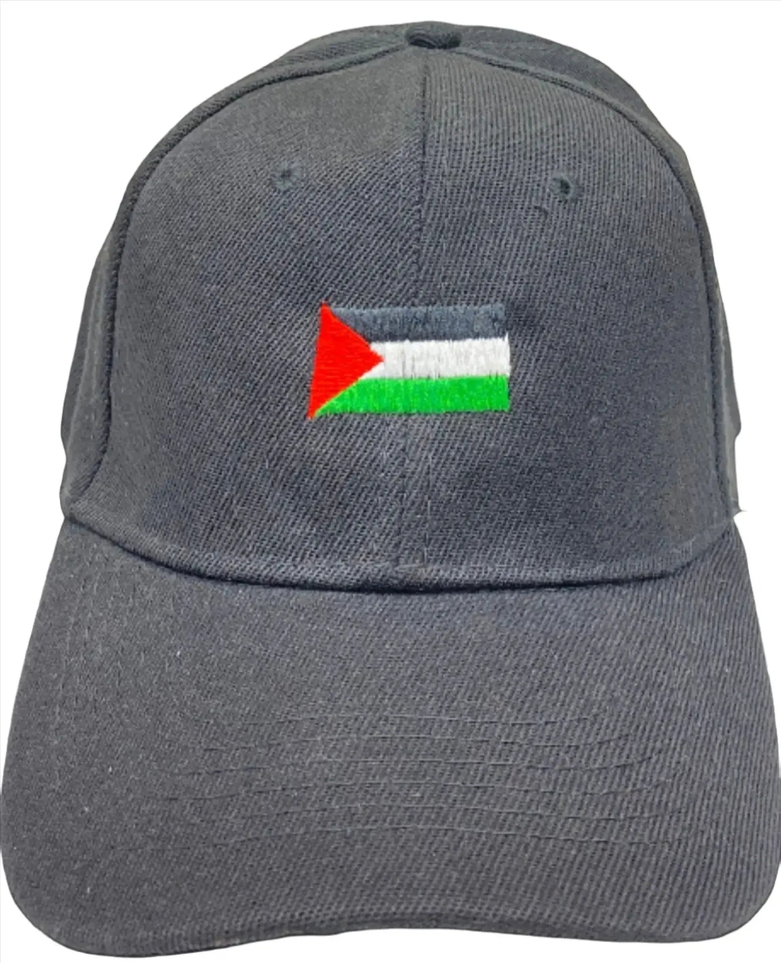 Gray Palestinian flag hat with embroidered red, white, black, and green flag by Palestinian Elegance