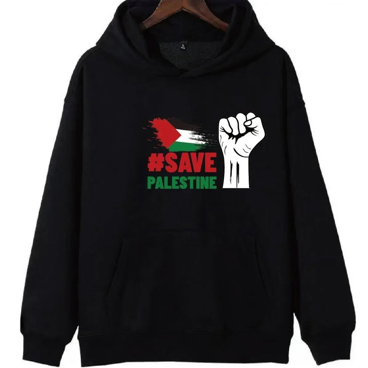 Black Palestinian flag hoodie with #SAVE PALESTINE graphic and raised fist design by Palestinian Elegance