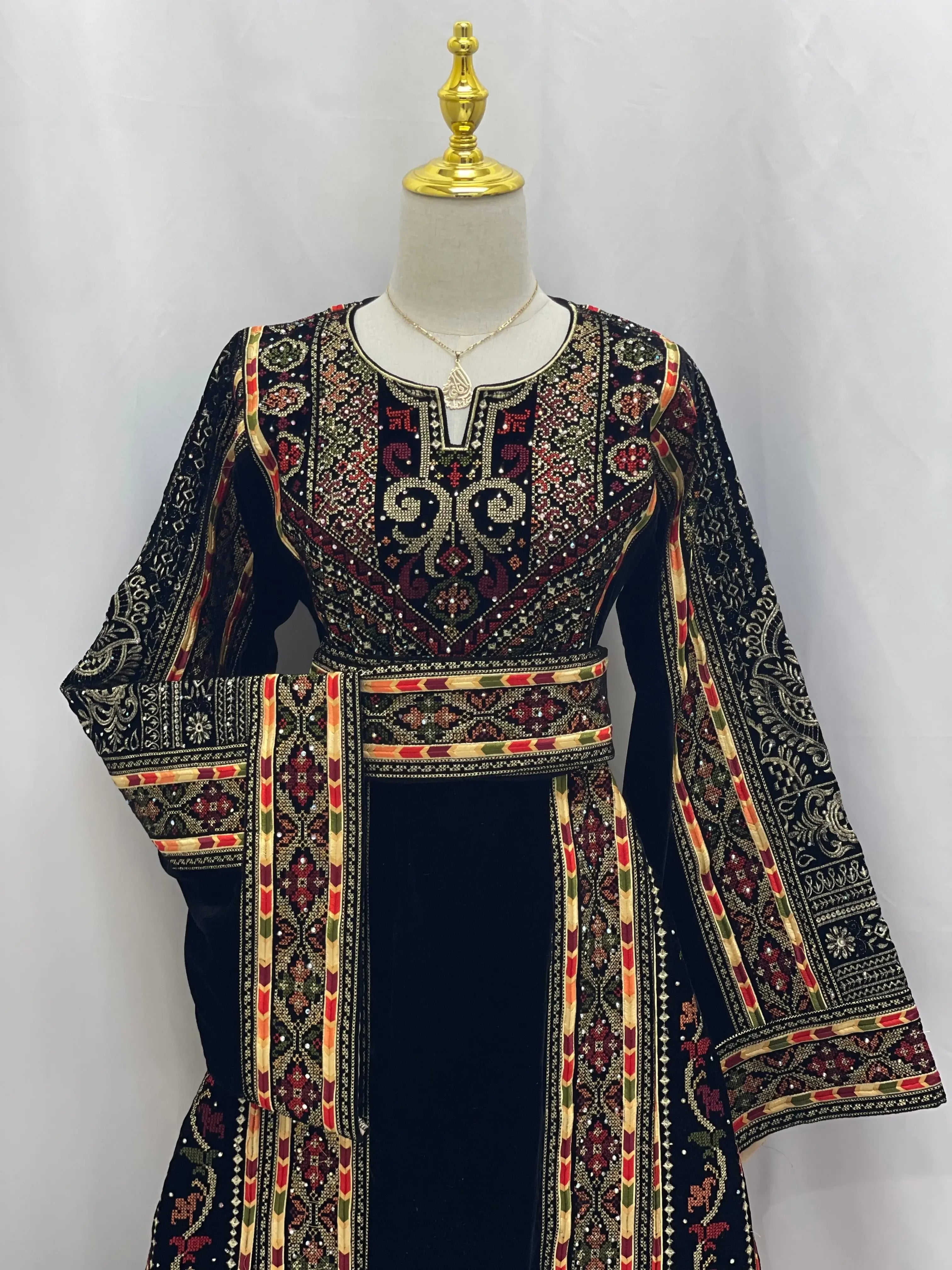 Black High Quality Velvet Embroidered Thoub Palestinian Elegance