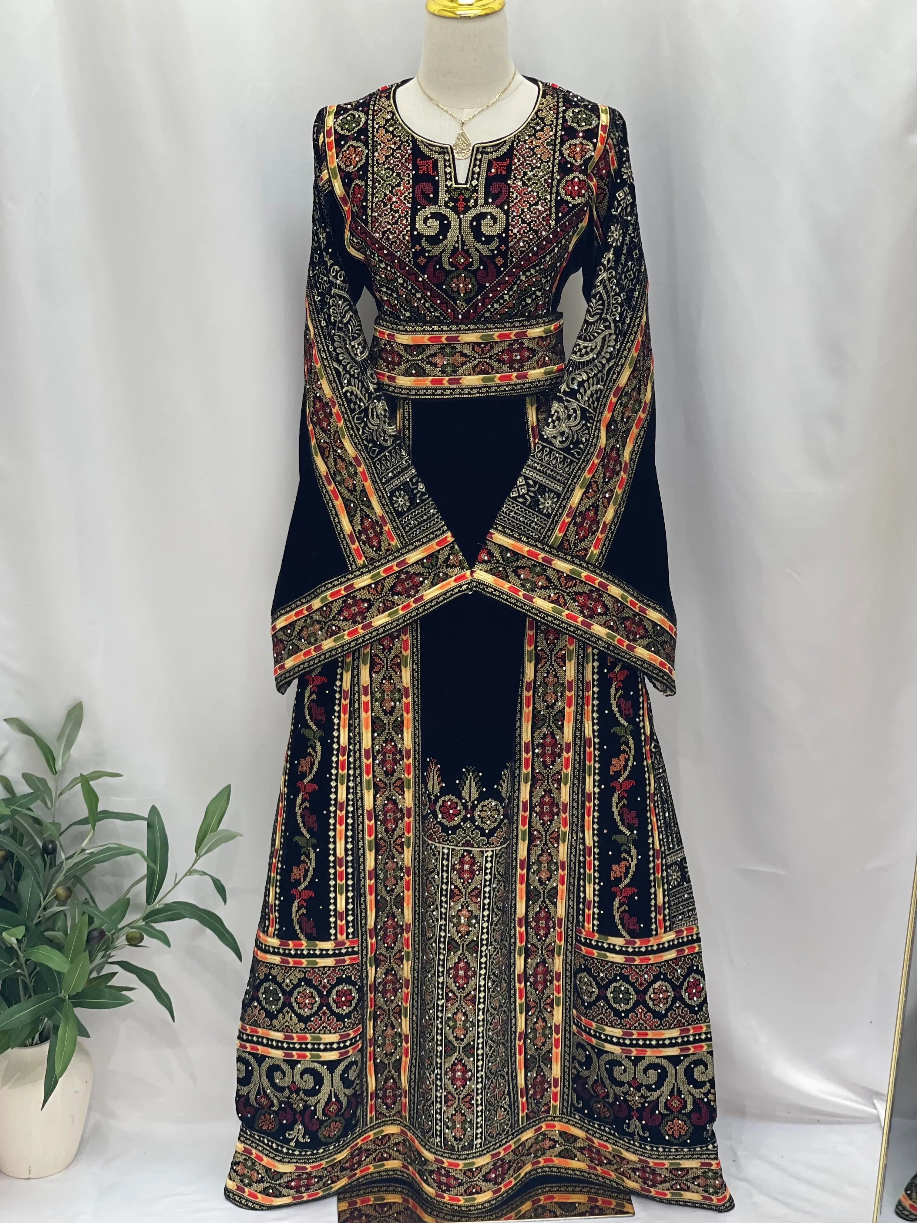 Black High Quality Velvet Embroidered Thoub Palestinian Elegance