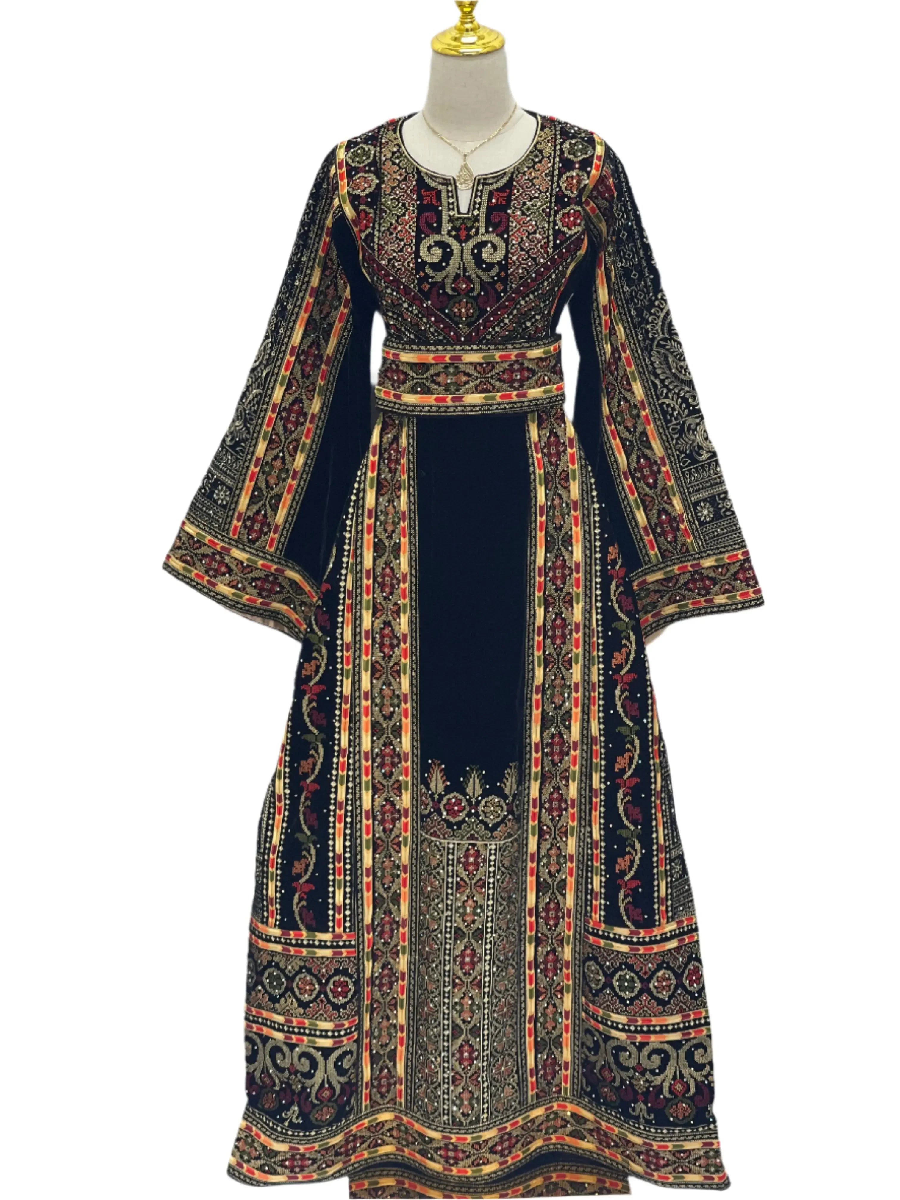 Black High Quality Velvet Embroidered Thoub Palestinian Elegance