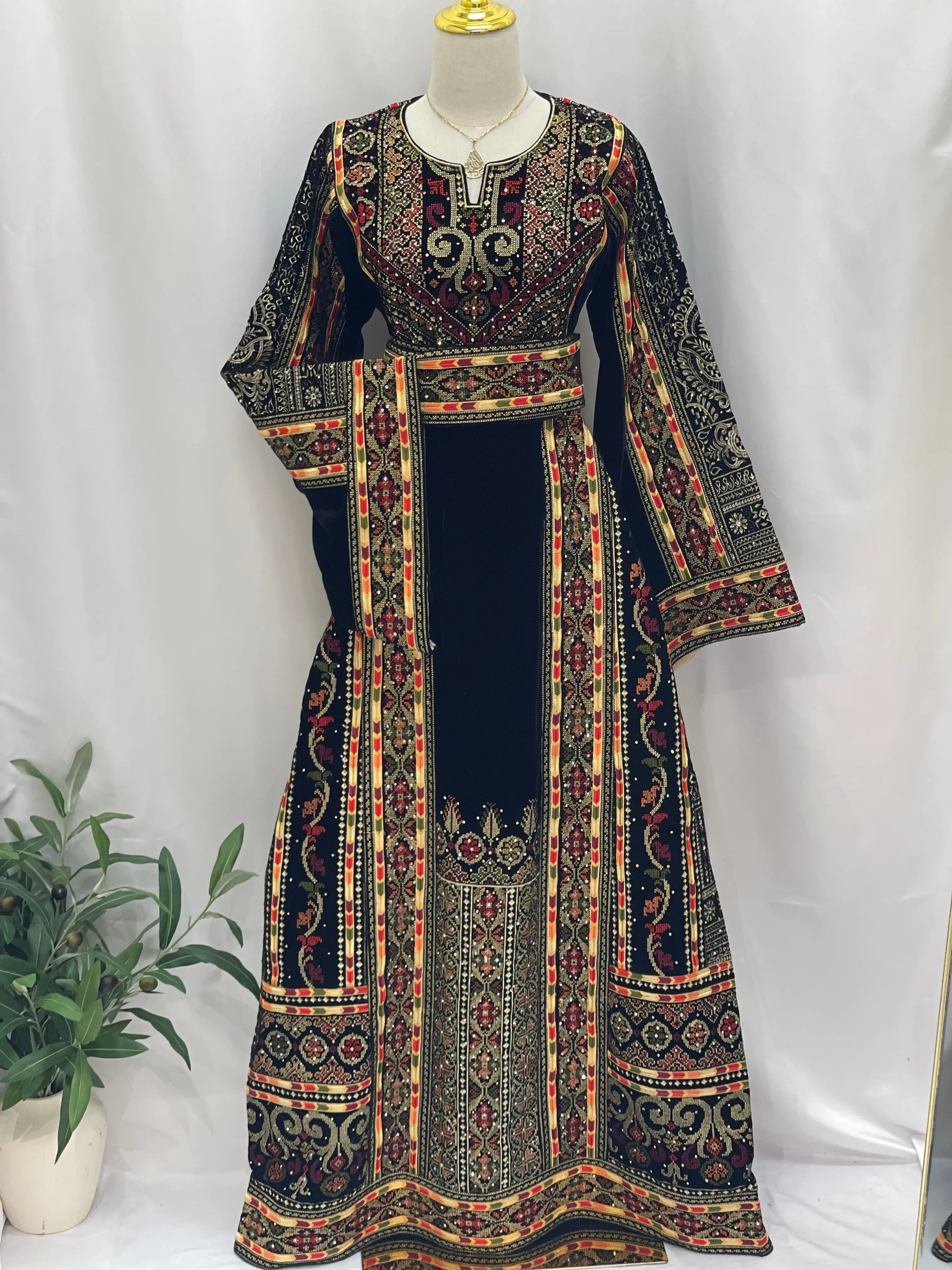 Black High Quality Velvet Embroidered Thoub Palestinian Elegance