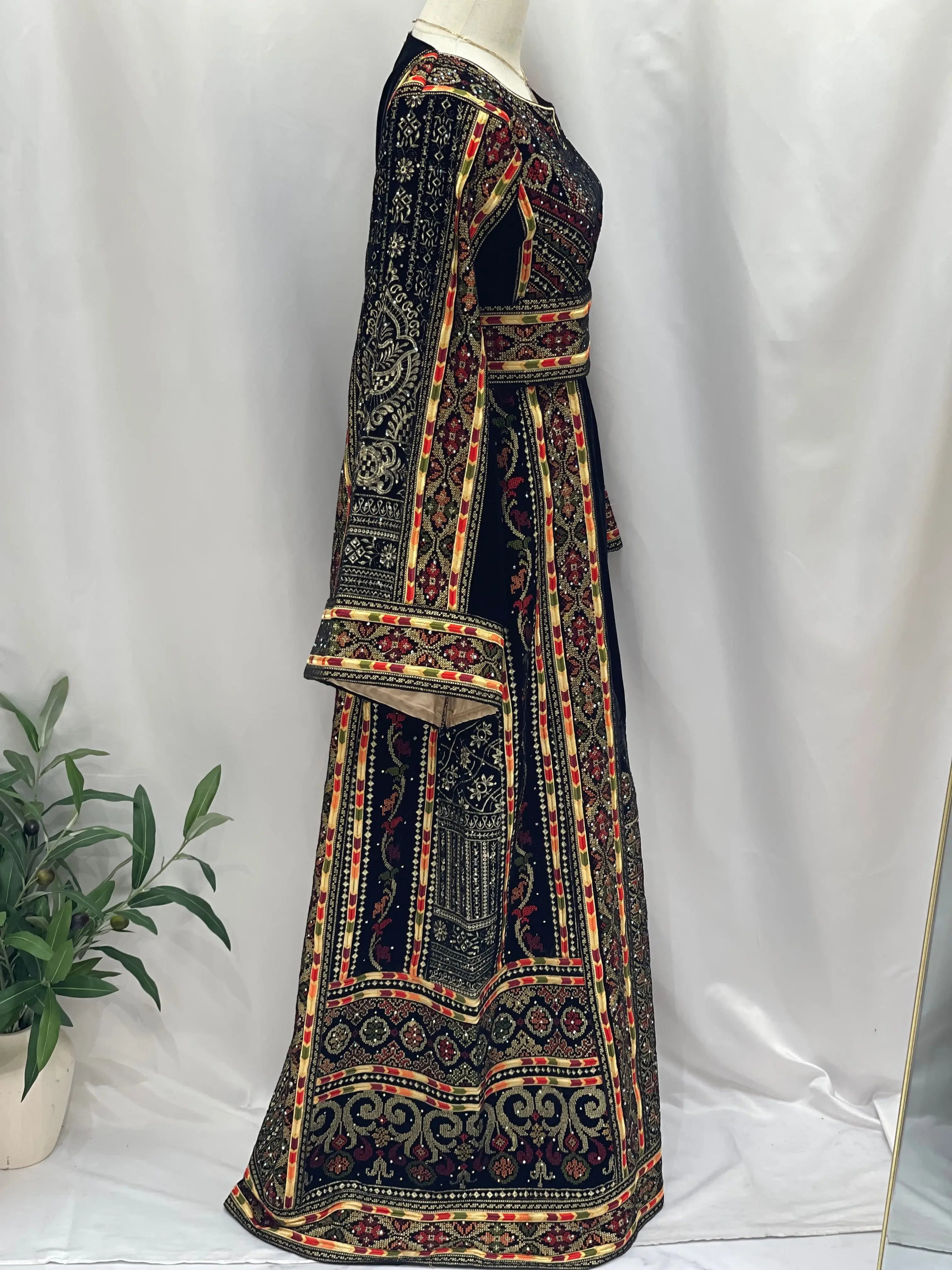 Black High Quality Velvet Embroidered Thoub Palestinian Elegance