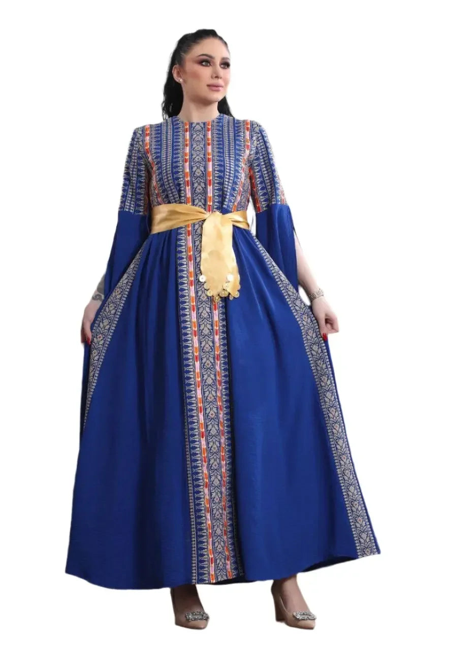 Palestinian Elegance embroidered Manjel dress in blue with intricate traditional embroidery and golden sash