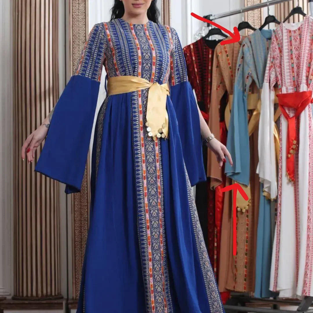 Embroidered Manjel dress in blue with intricate traditional embroidery and gold sash by Palestinian Elegance