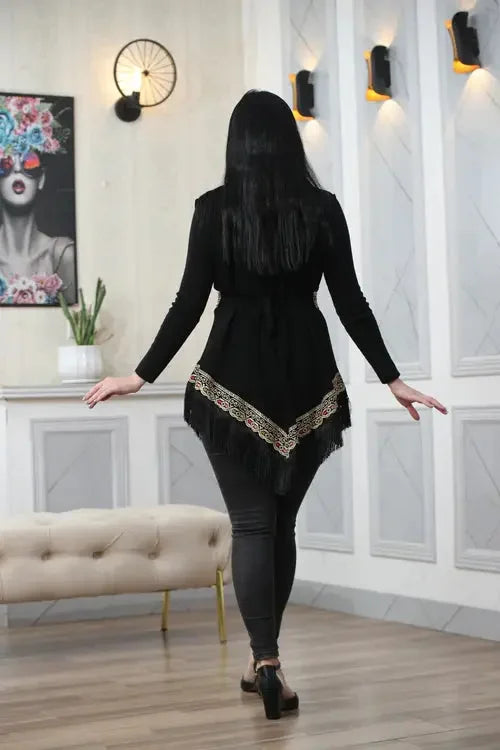 Boho Chic: Embroidered Chiffon Vest with Tassels Palestinian Elegance