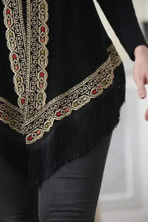 Boho Chic: Embroidered Chiffon Vest with Tassels Palestinian Elegance