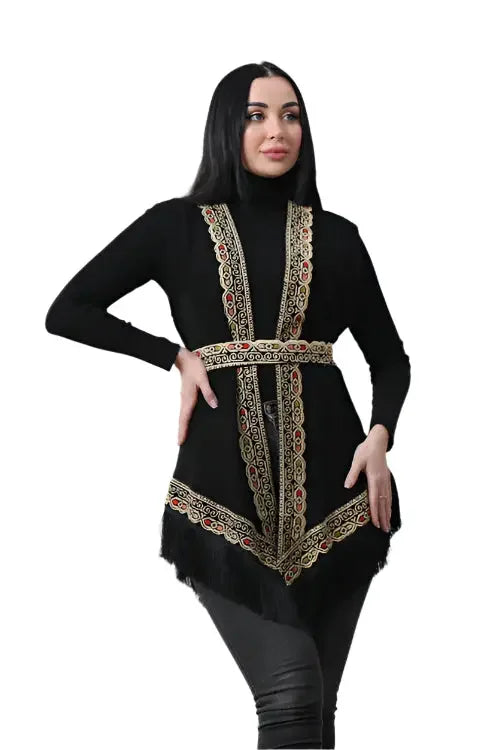 Boho Chic: Embroidered Chiffon Vest with Tassels Palestinian Elegance