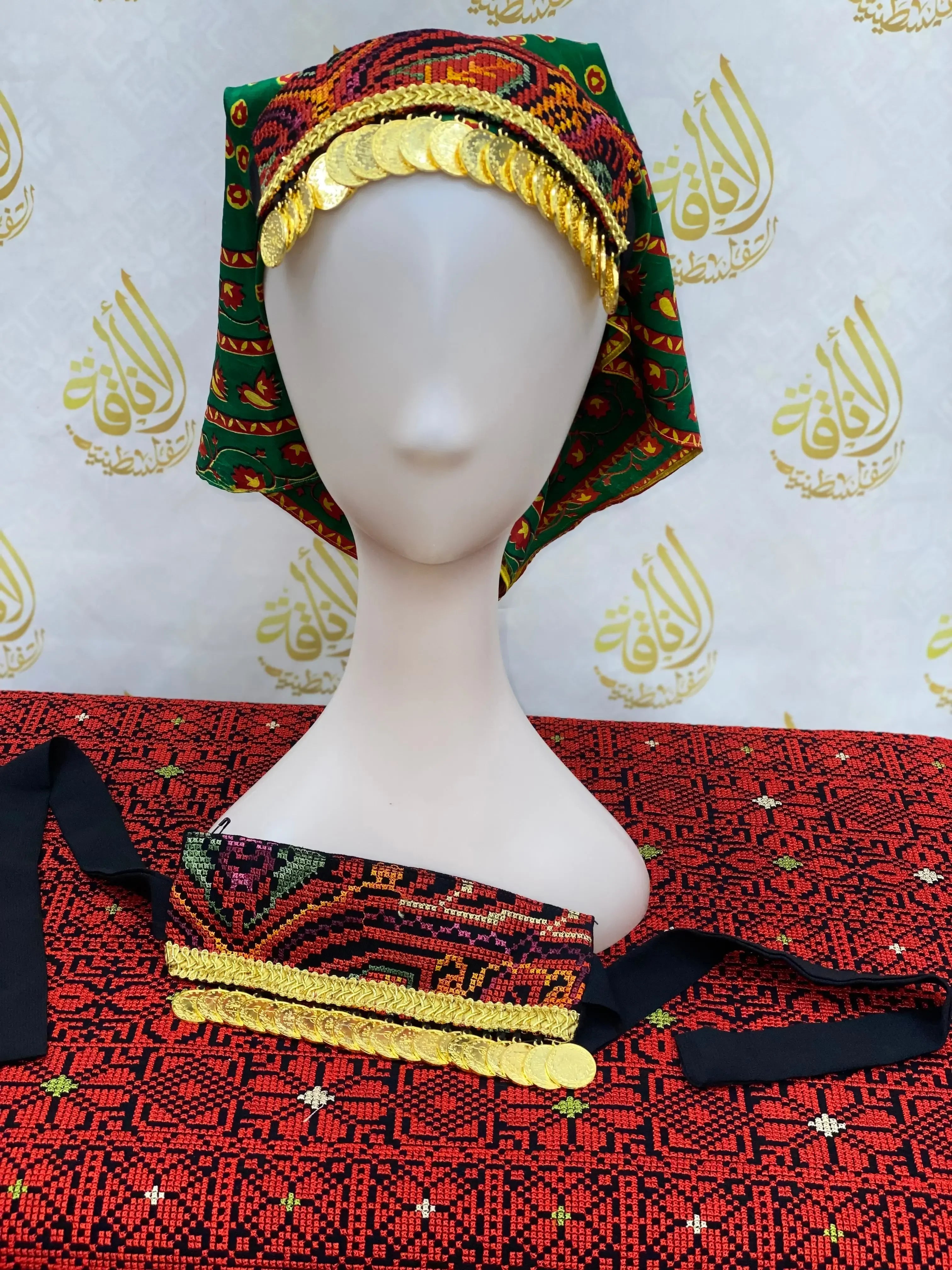Girls tatreez head scarf with traditional Palestinian embroidery and gold coin detailing from Palestinian Elegance