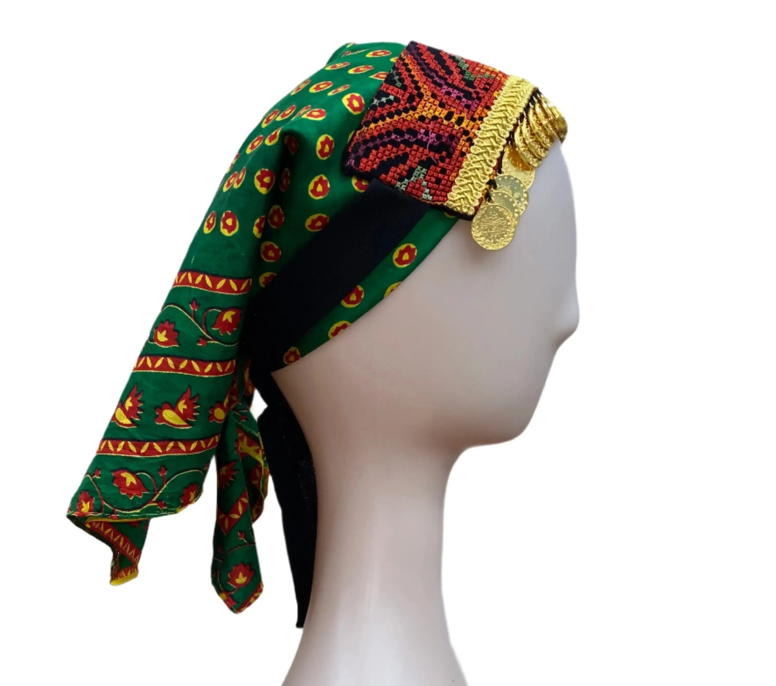 Palestinian Elegance girls tatreez head scarf in green with traditional embroidery and gold coin accents
