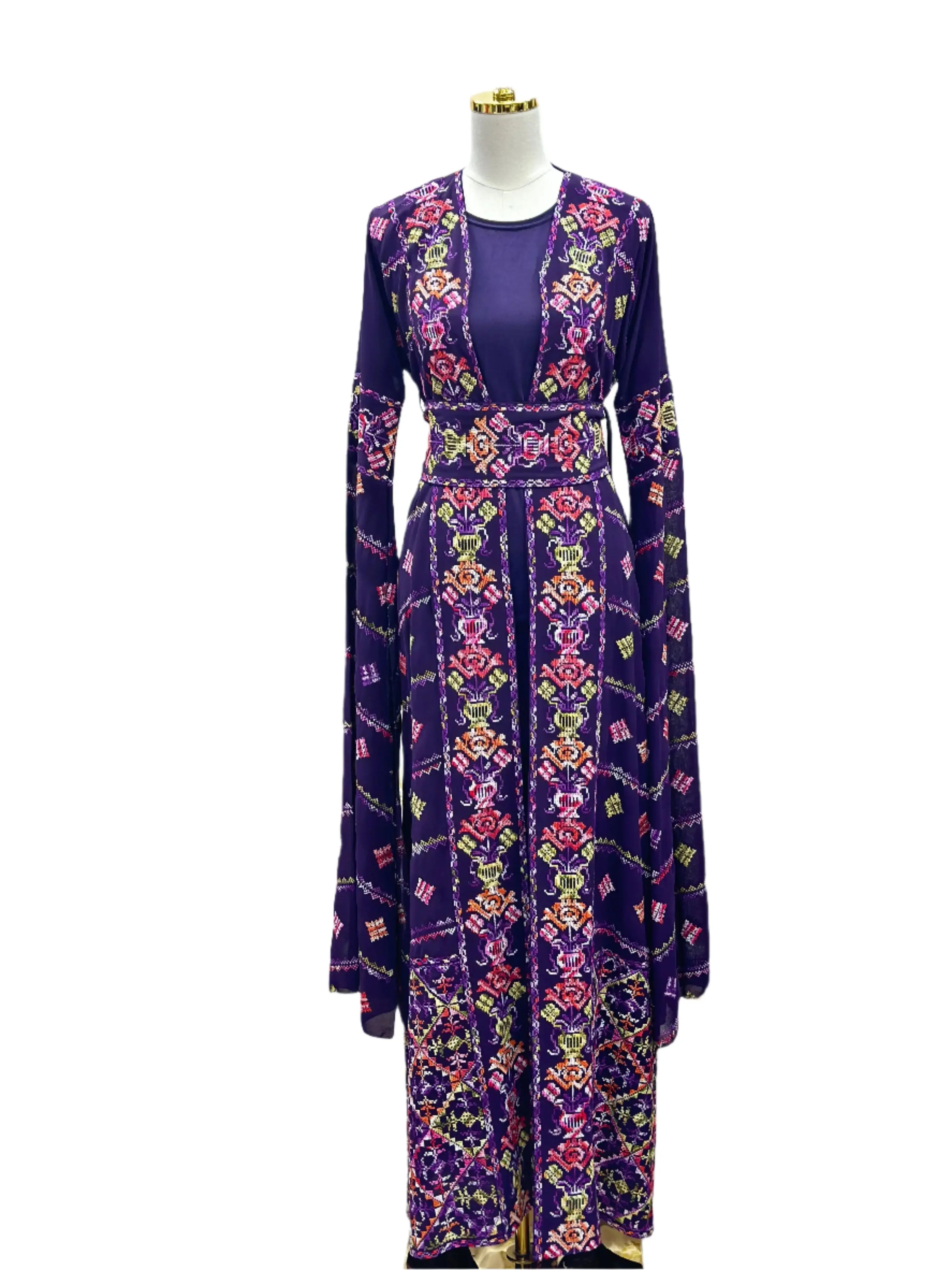 Palestinian Elegance luxury embroidered abaya kaftan in deep purple with colorful floral embroidery