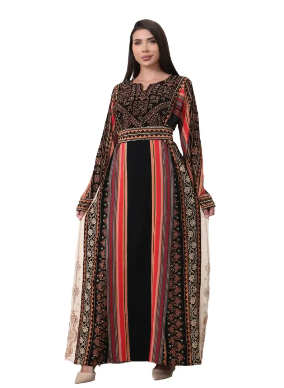 Brown Majdalwi Embroidered Dress by Palestinian Elegance featuring detailed traditional embroidery and vertical stripes