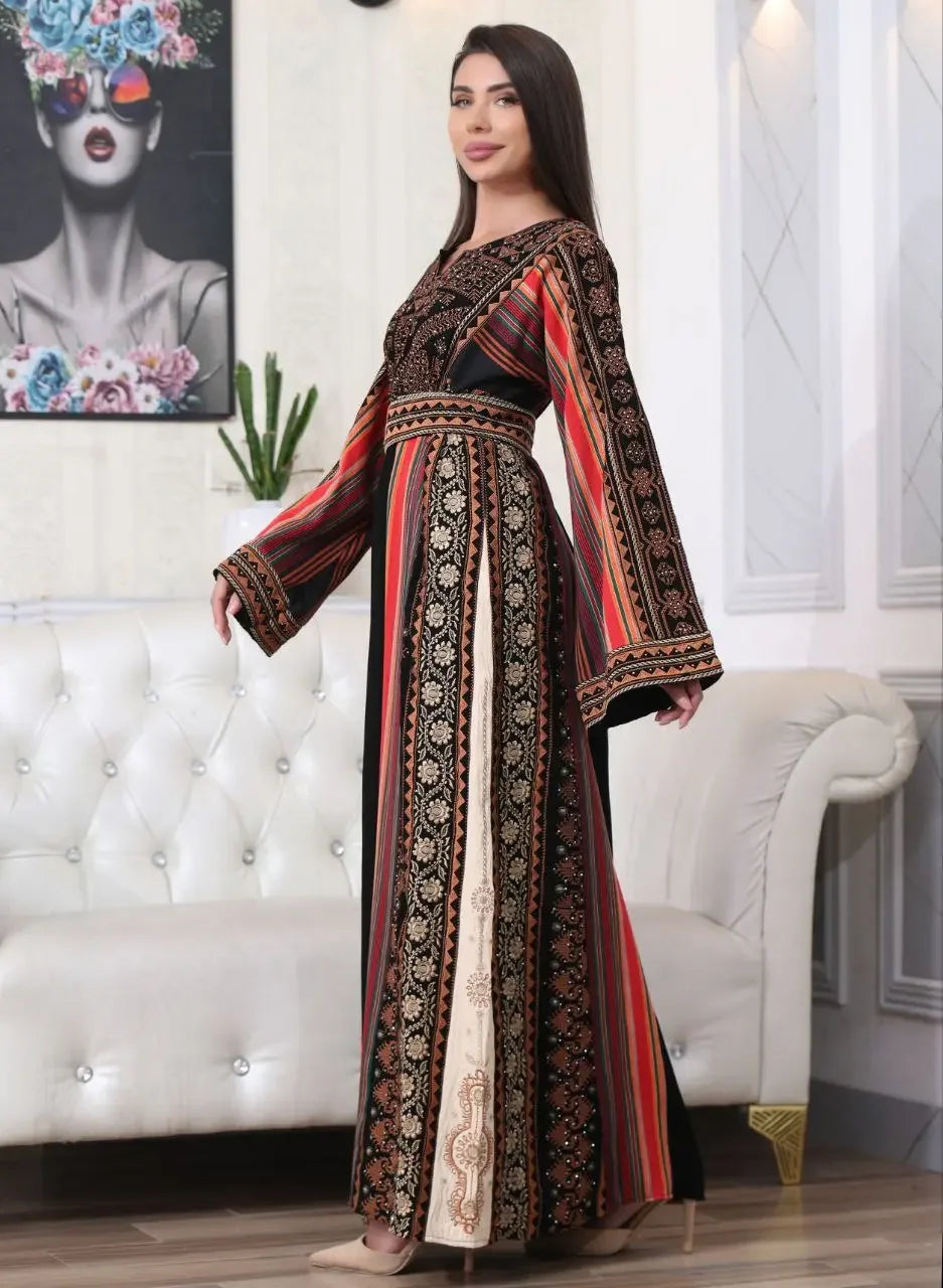 Brown Majdalwi Embroidered Dress by Palestinian Elegance featuring intricate traditional embroidery and striped patterns