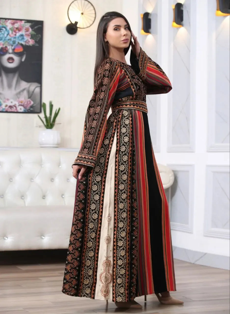 Palestinian Elegance Brown Majdalwi Embroidered Dress with traditional intricate patterns and long sleeves