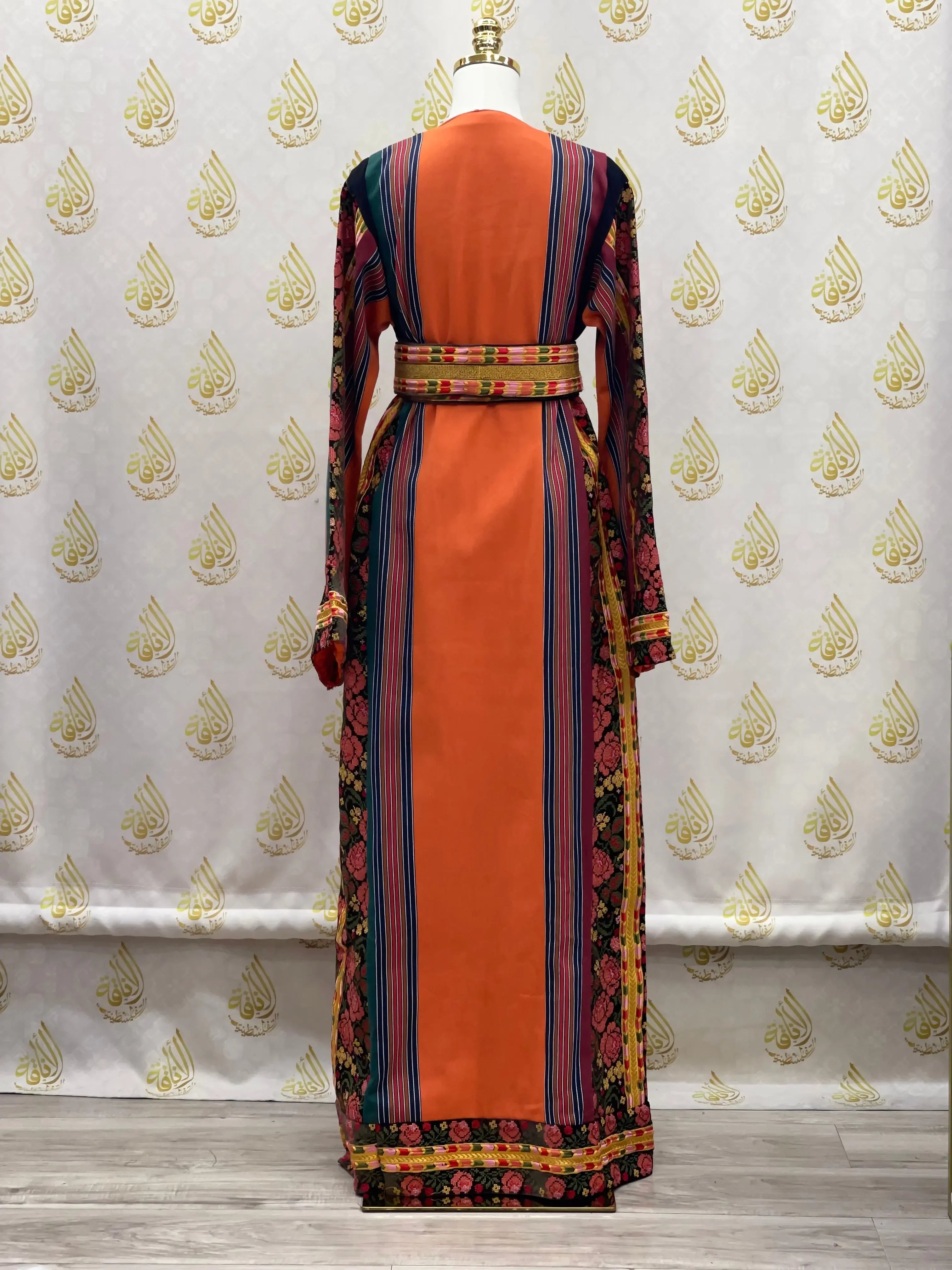 Brown Velvet Orange Majdlawi Thoub with intricate Palestinian Elegance embroidery and traditional detailed patterns