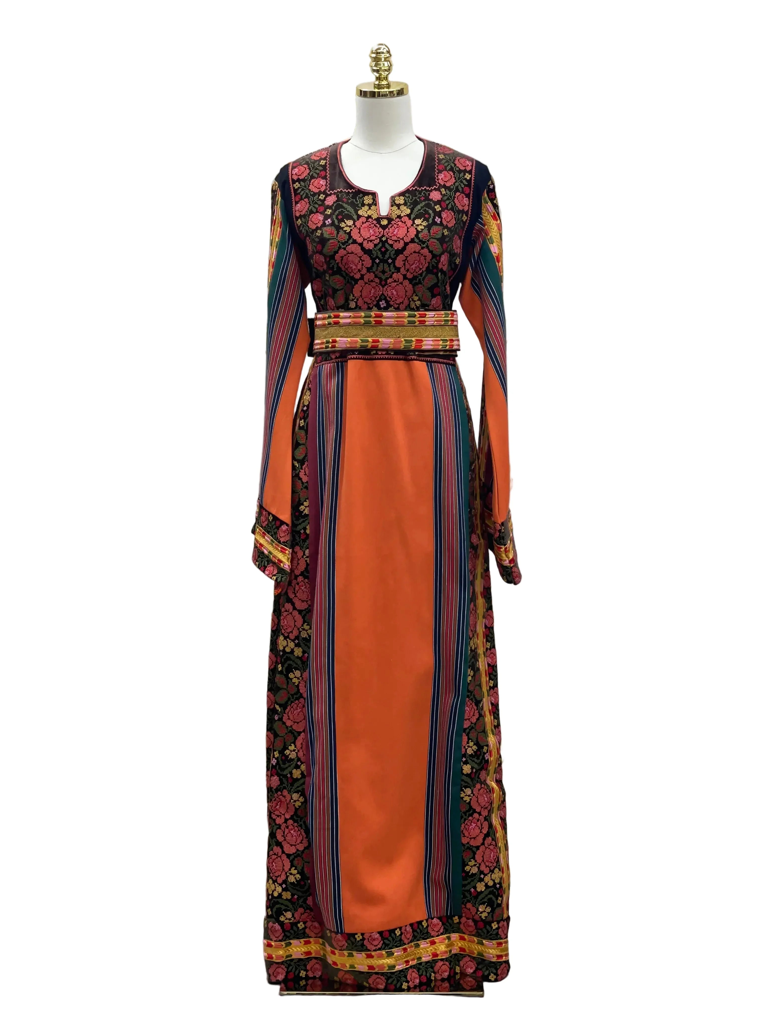 Brown Velvet Orange Majdlawi Thoub embroidered traditional Palestinian dress with floral patterns and striped details