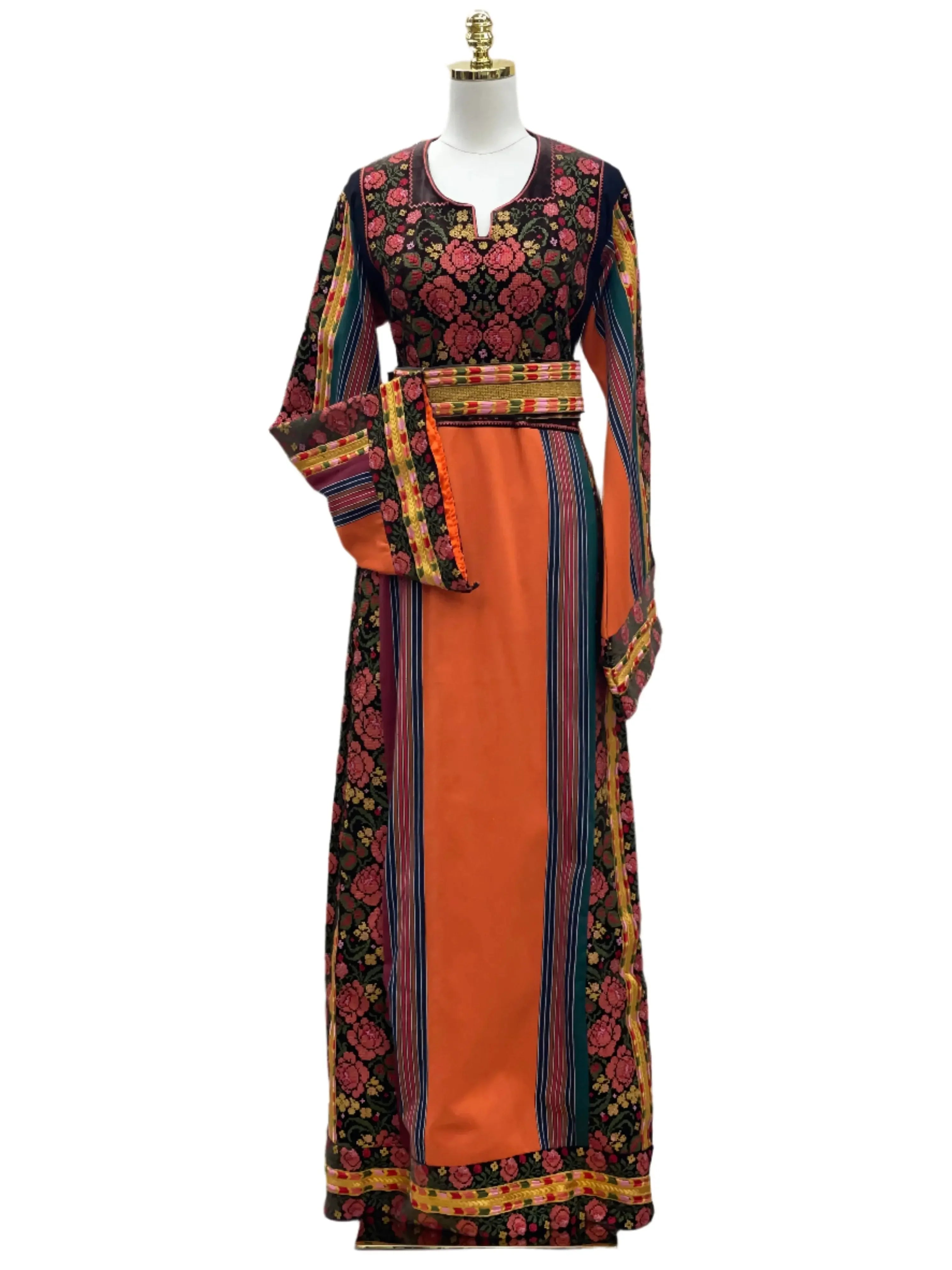Brown Velvet Orange Majdlawi Thoub with intricate embroidery and floral patterns by Palestinian Elegance