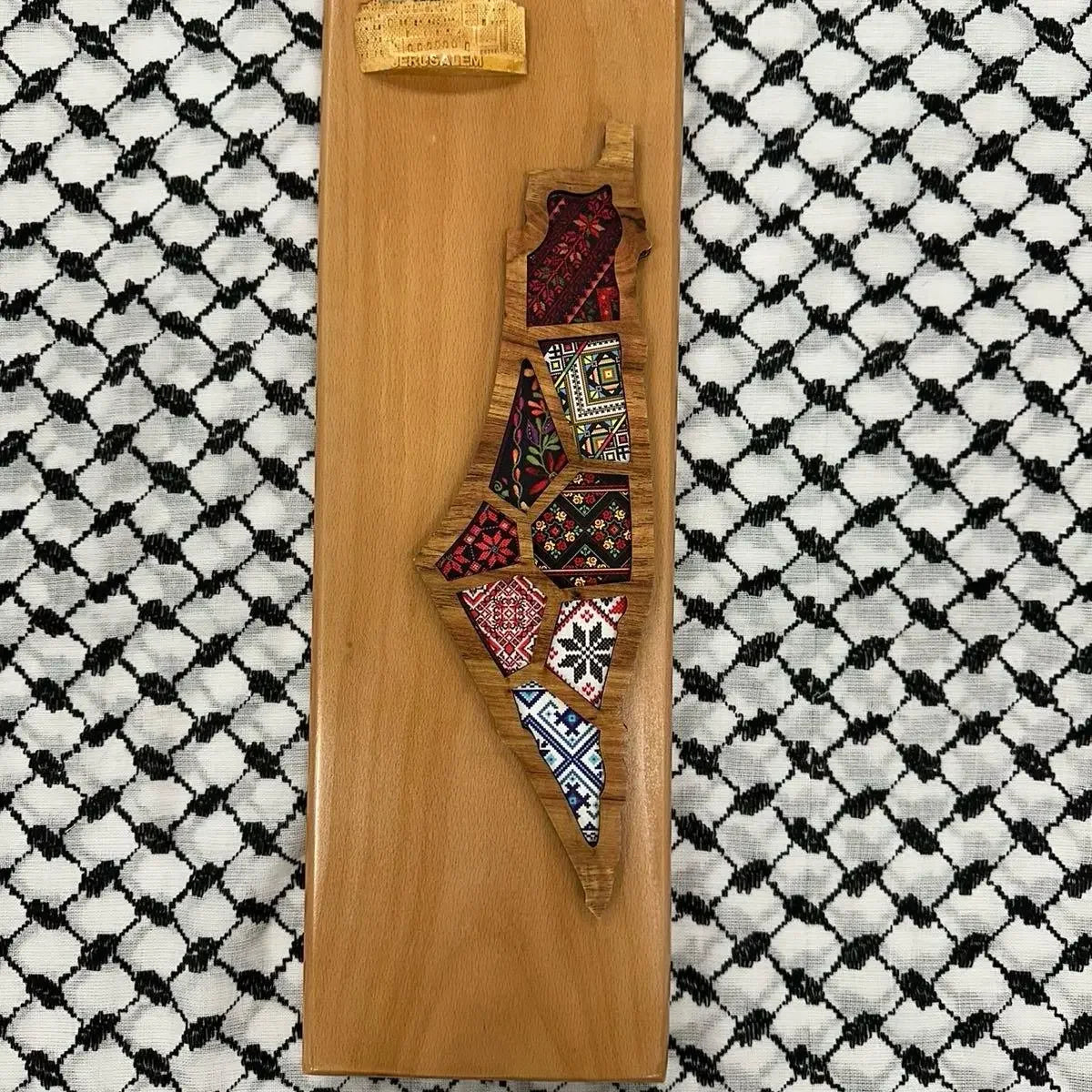 Palestinian Elegance handmade Palestine map wall art with traditional embroidery patterns on wooden board