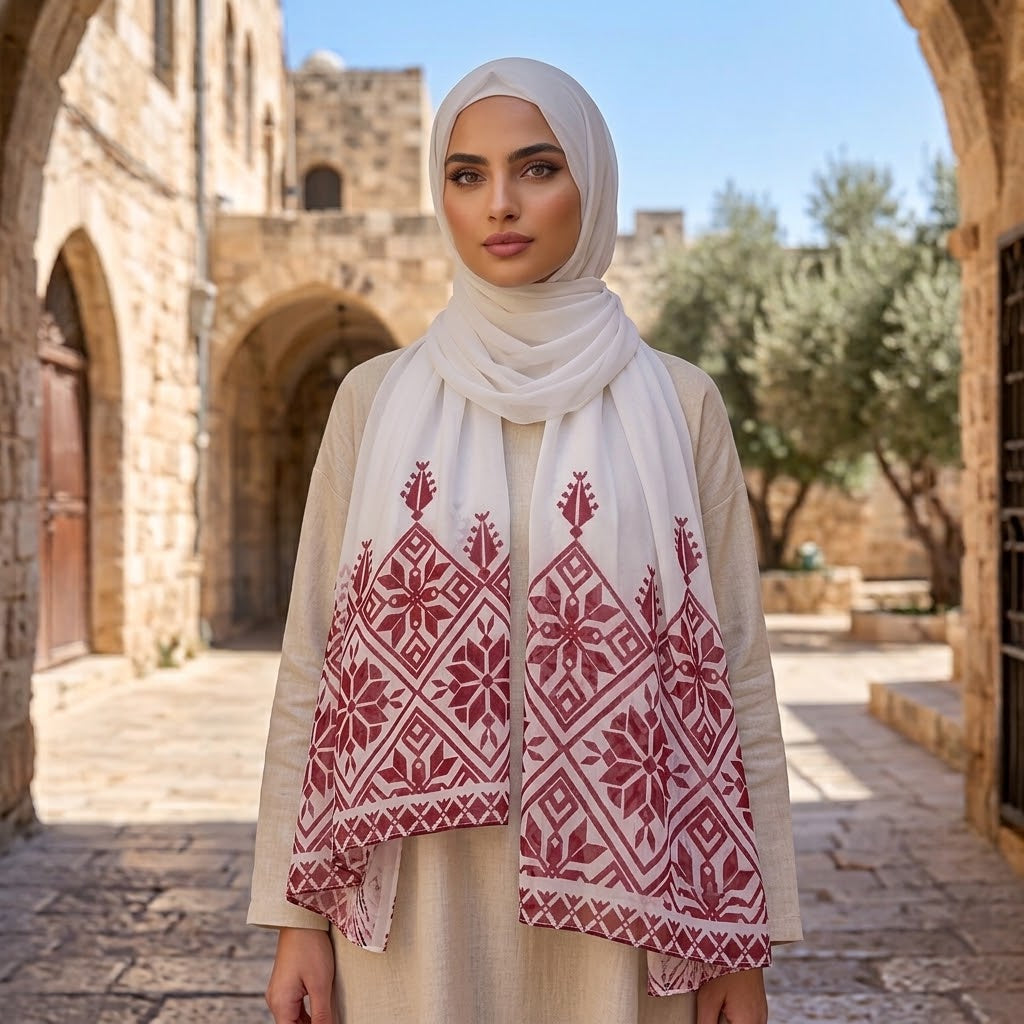 حجاب شيفون مطبوع من تصميم فلسطيني أنيق