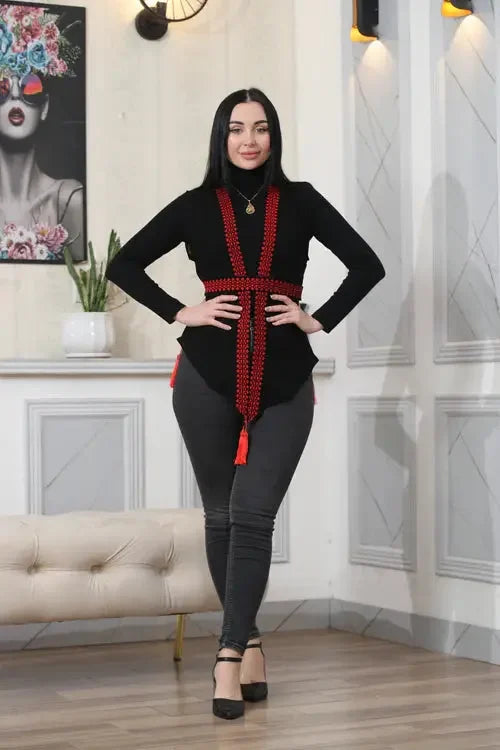 Bold and Beautiful: Chiffon Vest with Vibrant Embroidery Palestinian Elegance