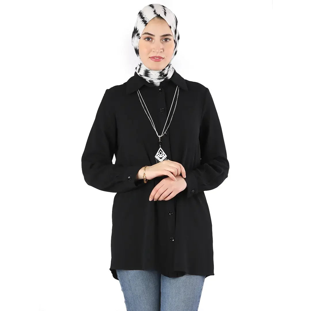 Palestinian Elegance classic button up shirt in black casual style worn with patterned hijab and necklace