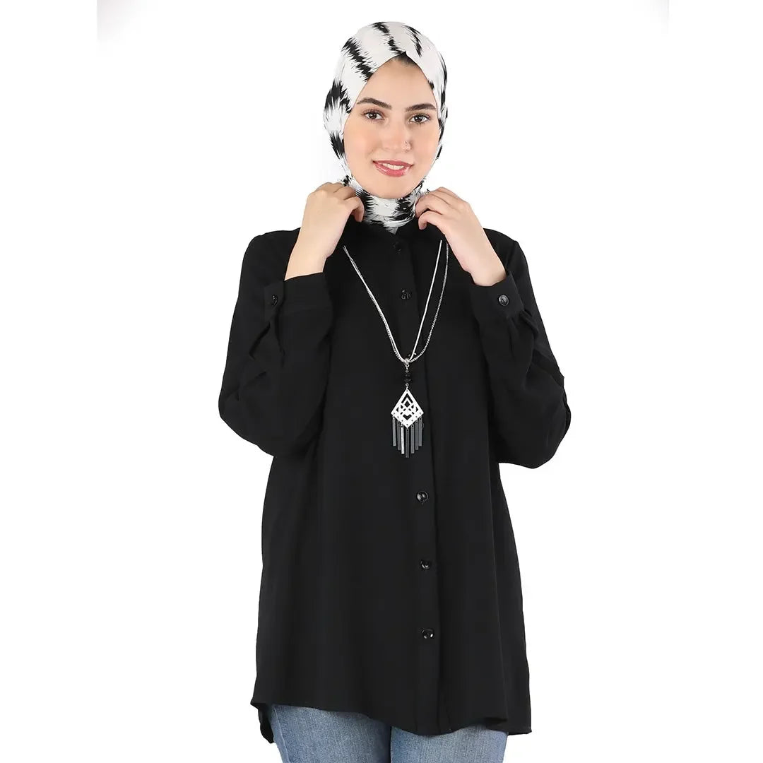 Palestinian Elegance black classic button up shirt worn with patterned hijab and long necklace