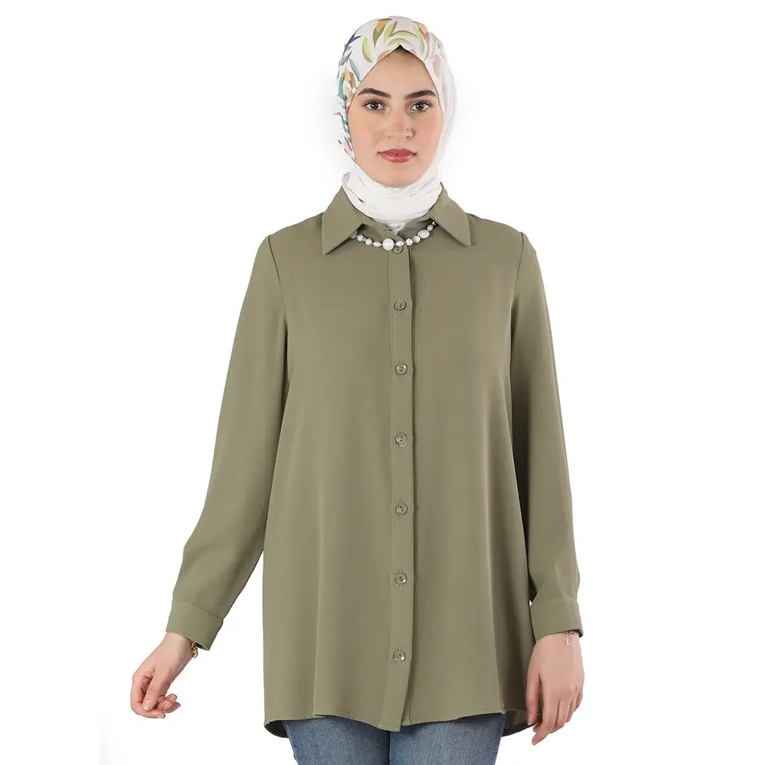 Palestinian Elegance classic button up shirt in olive green with long sleeves and collar