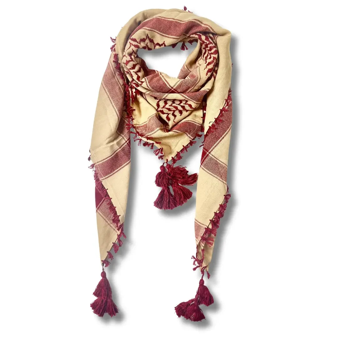 Colorful kuffiyeh scarf with beige and maroon patterns and tassels from Palestinian Elegance accessories
