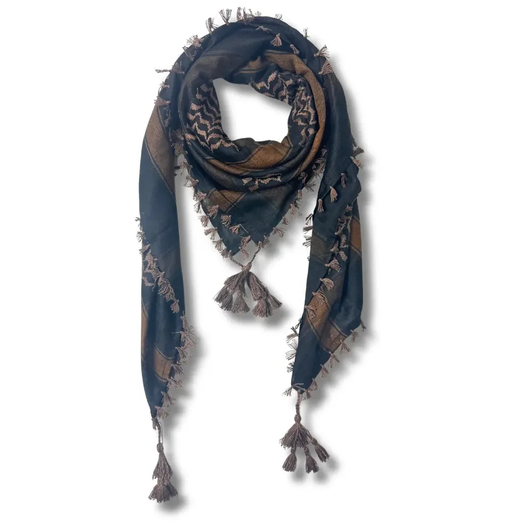 Palestinian Elegance colorful kuffiyeh scarf with traditional patterns and tassels in black and brown tones