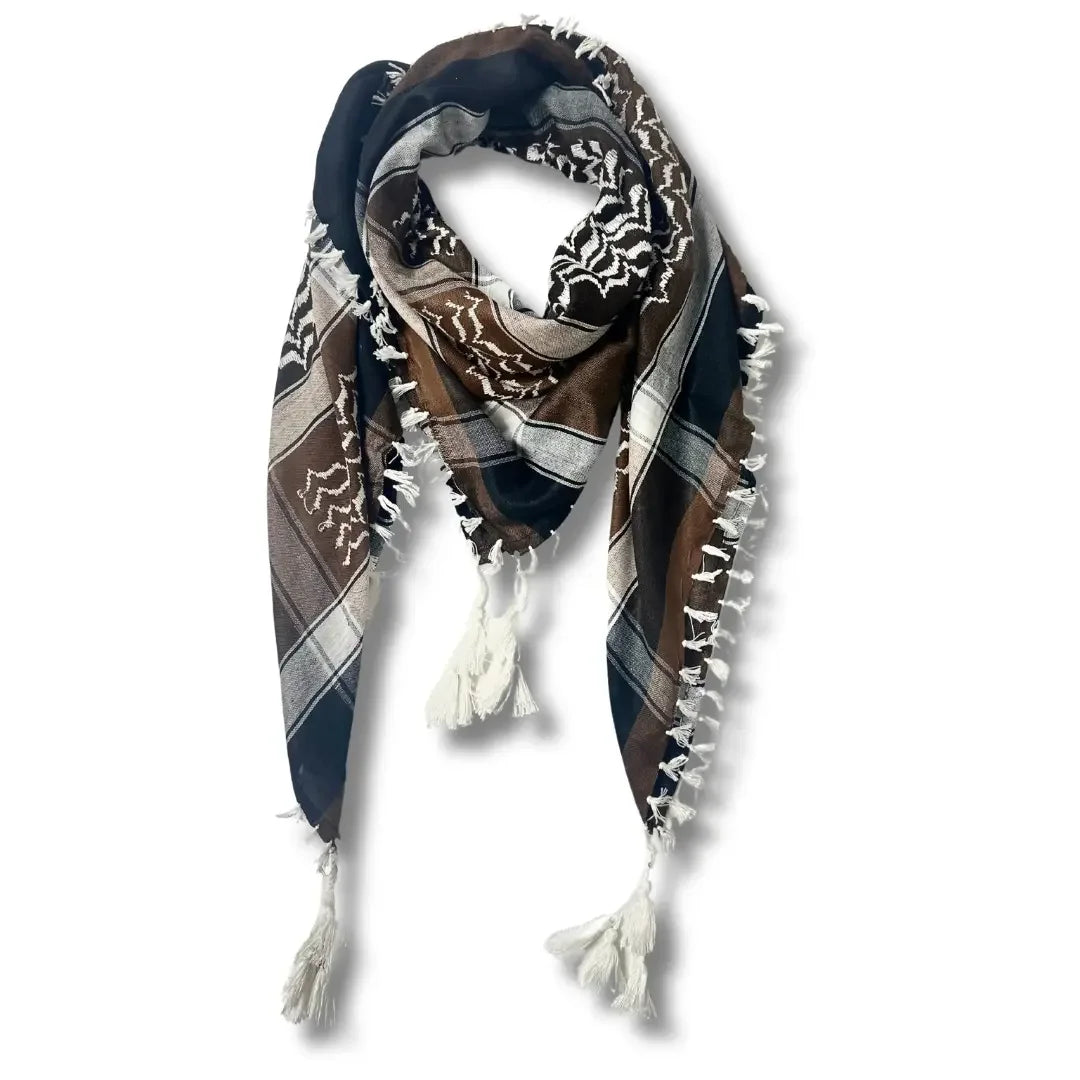 Colorful kuffiyeh scarf in brown black and white with traditional patterns and tassels