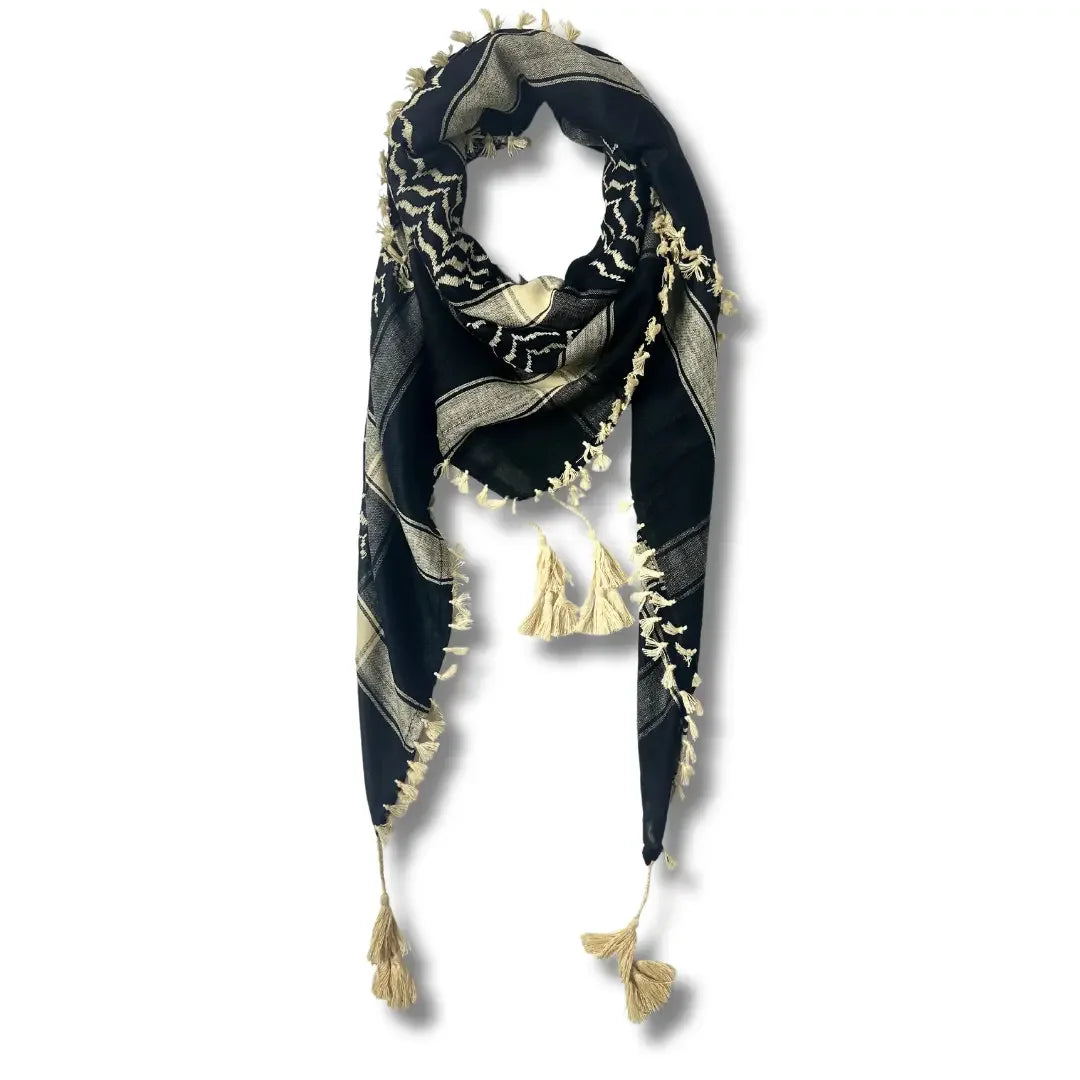 Palestinian Elegance colorful kuffiyeh scarf in black and beige with tassels and traditional pattern