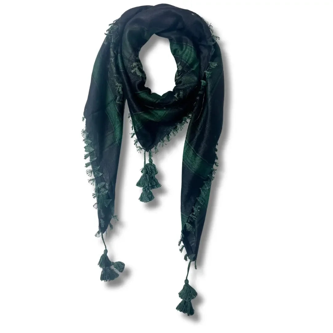 Colorful kuffiyeh scarf in dark green and black with tassels from Palestinian Elegance accessories