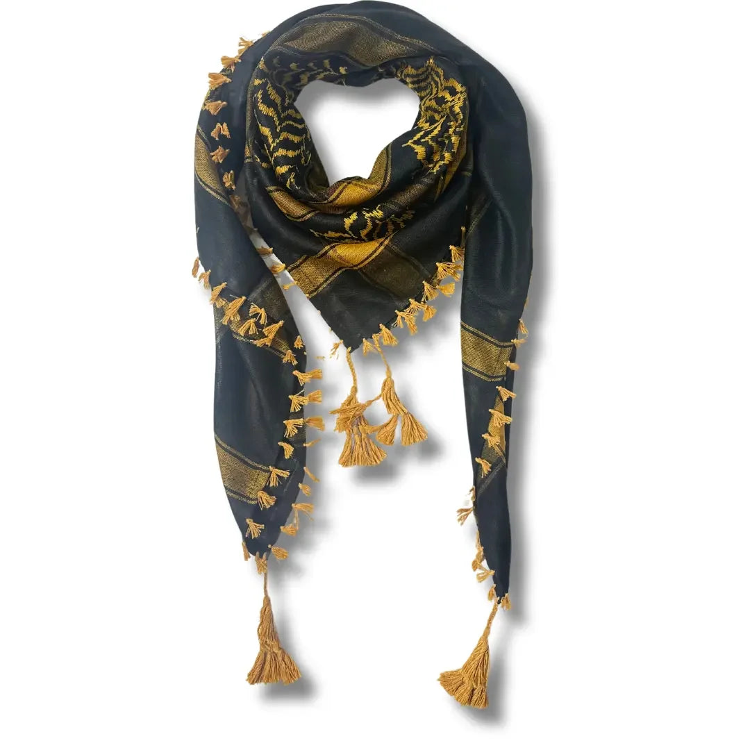 Colorful kuffiyeh scarf in black and gold with tassels by Palestinian Elegance