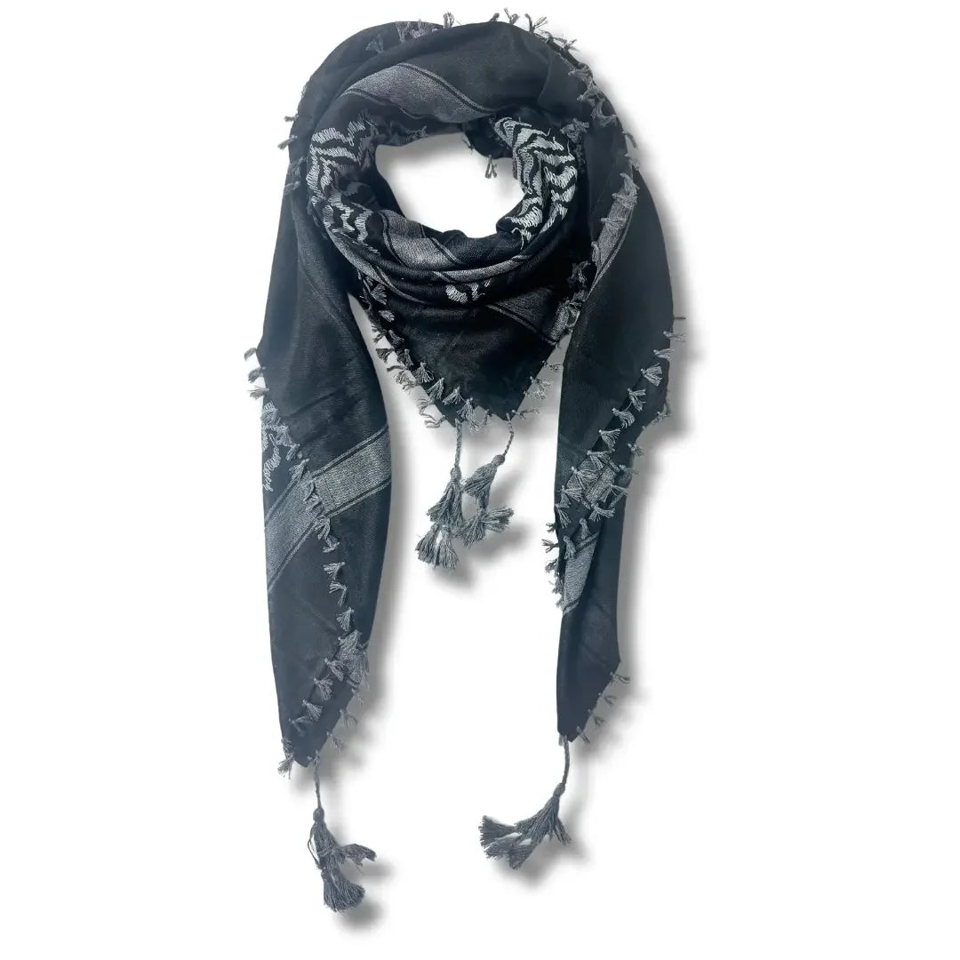 Black and gray colorful kuffiyeh scarf with traditional embroidered patterns and tassels