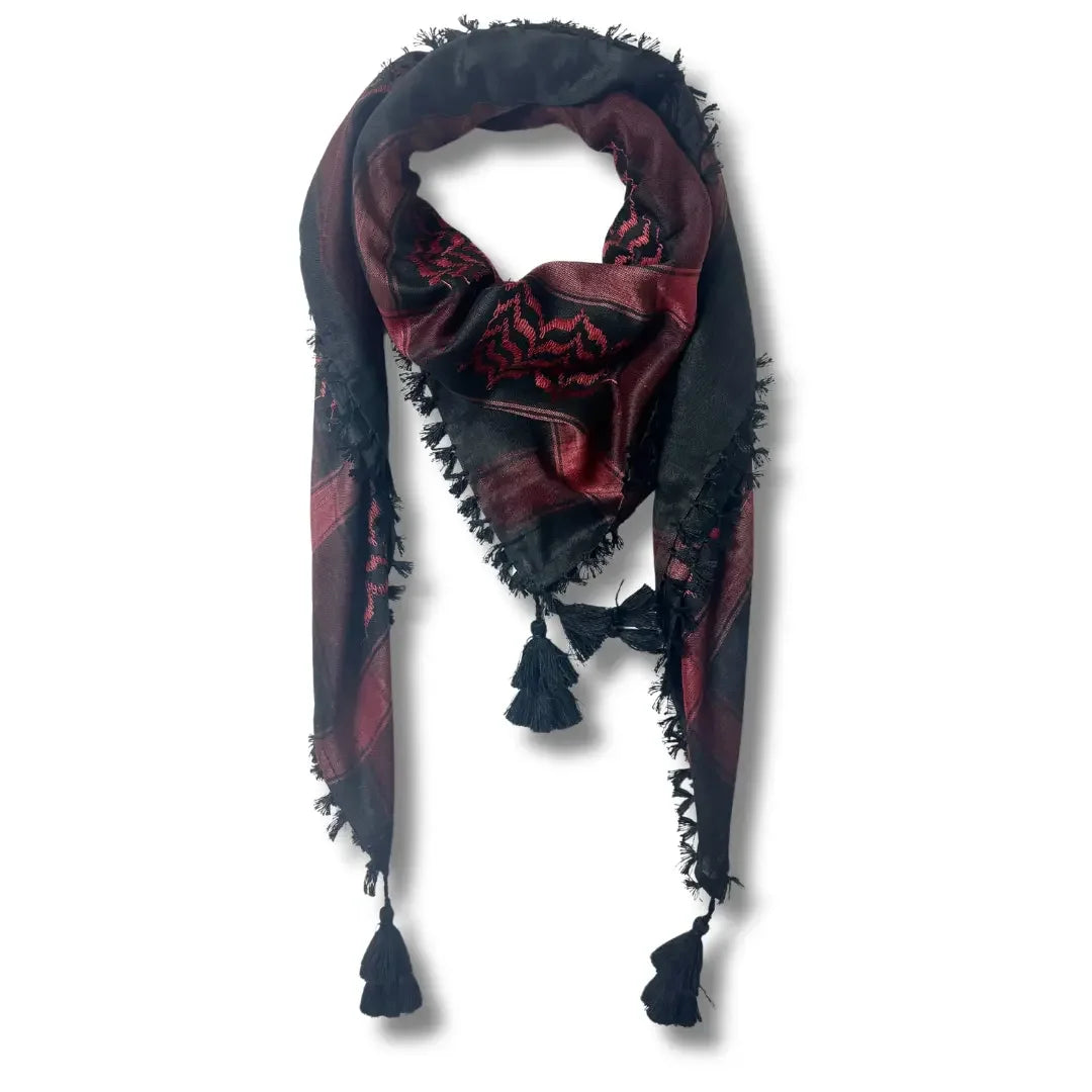 Palestinian Elegance colorful kuffiyeh scarf in black and red with tassels and traditional patterns