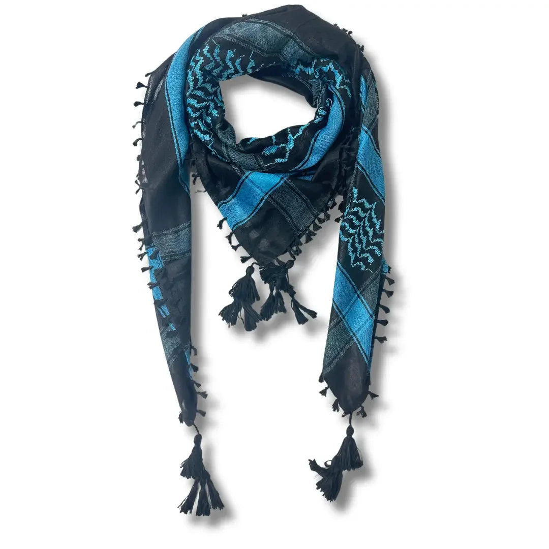 Colorful kuffiyeh scarf by Palestinian Elegance in black and blue with traditional patterns and tassels